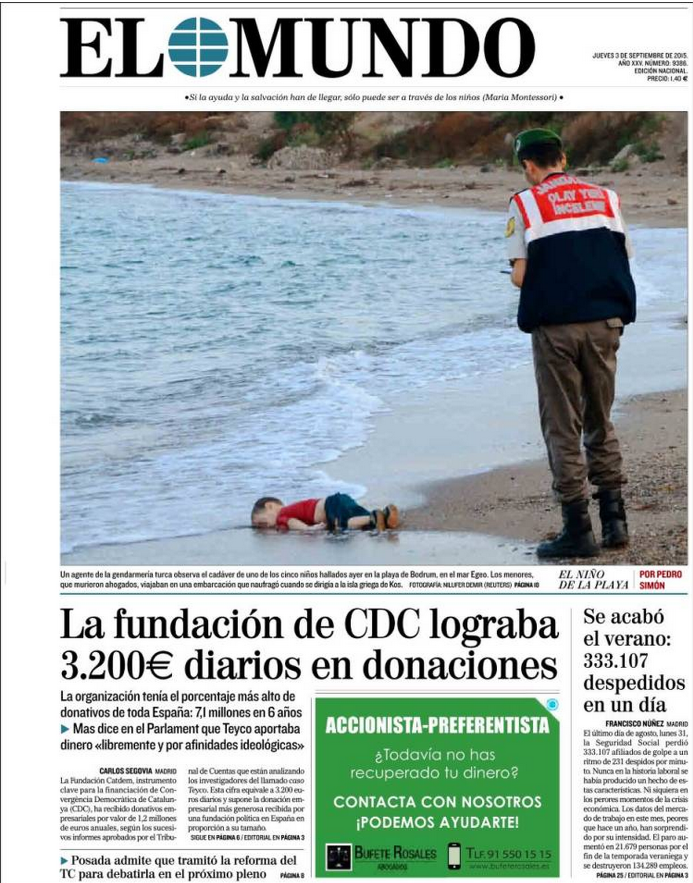 Drowned Migrant Boy El Mundo front page