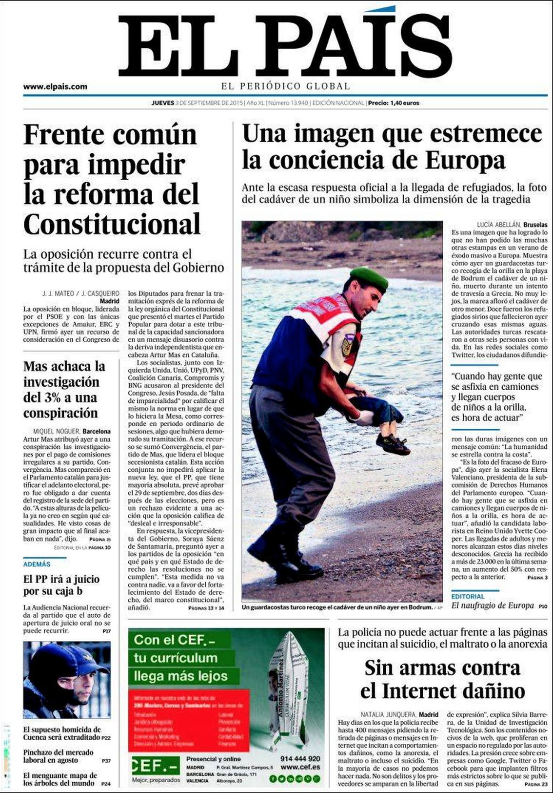 Drowned Migrant Boy El Pais Front Page