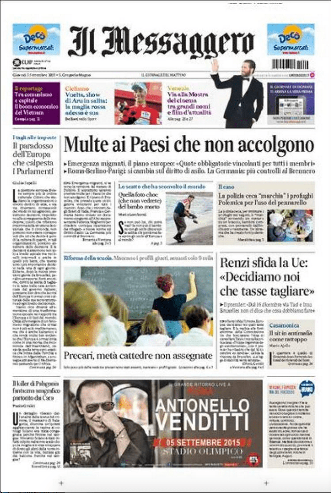 Drowned Migrant Boy Il Messaggero front page