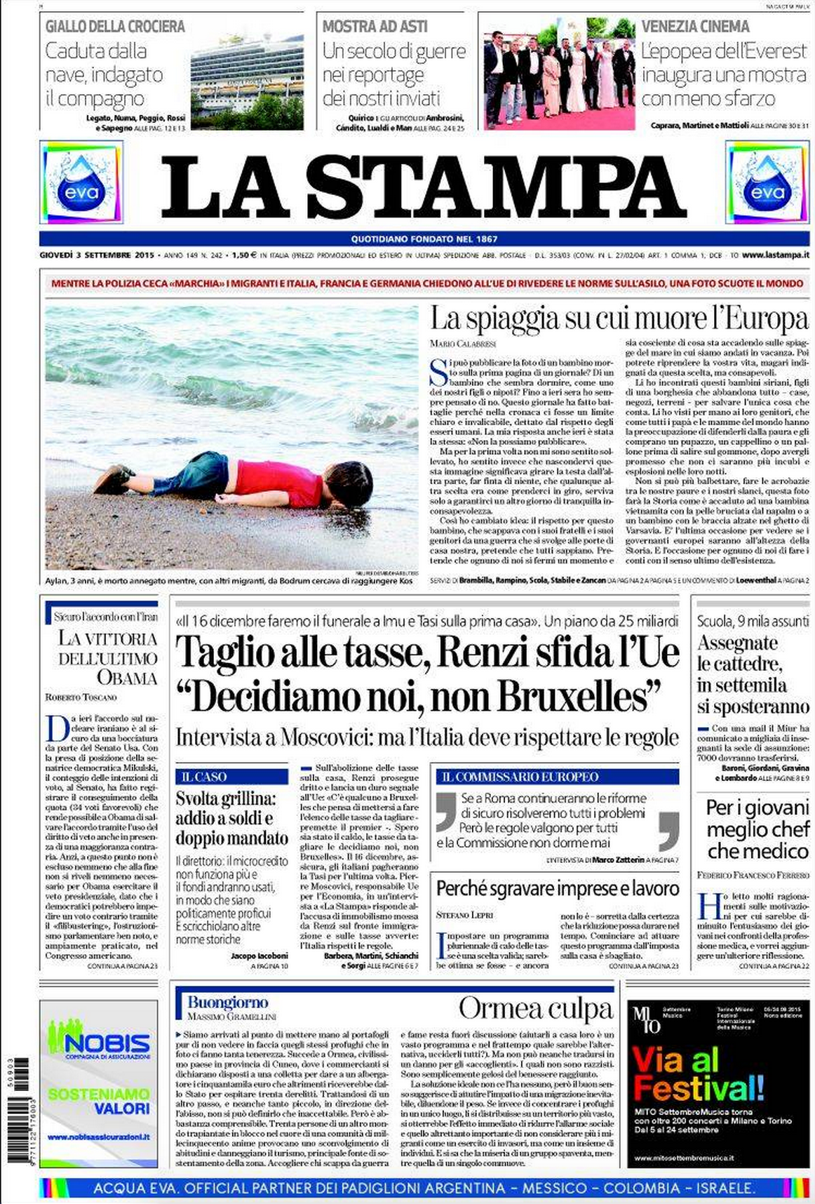 Drowned Migrant Boy La Stampa front page