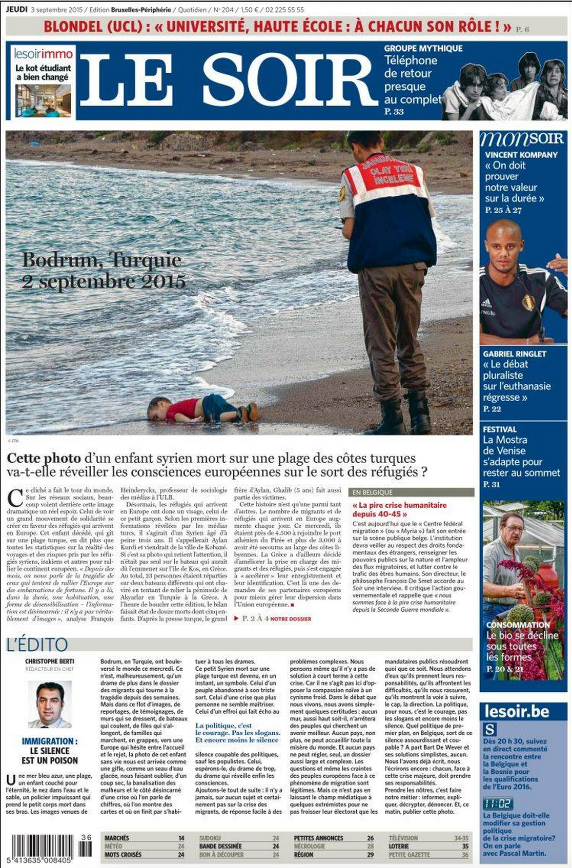 Drowned Migrant Boy Le Soir front page