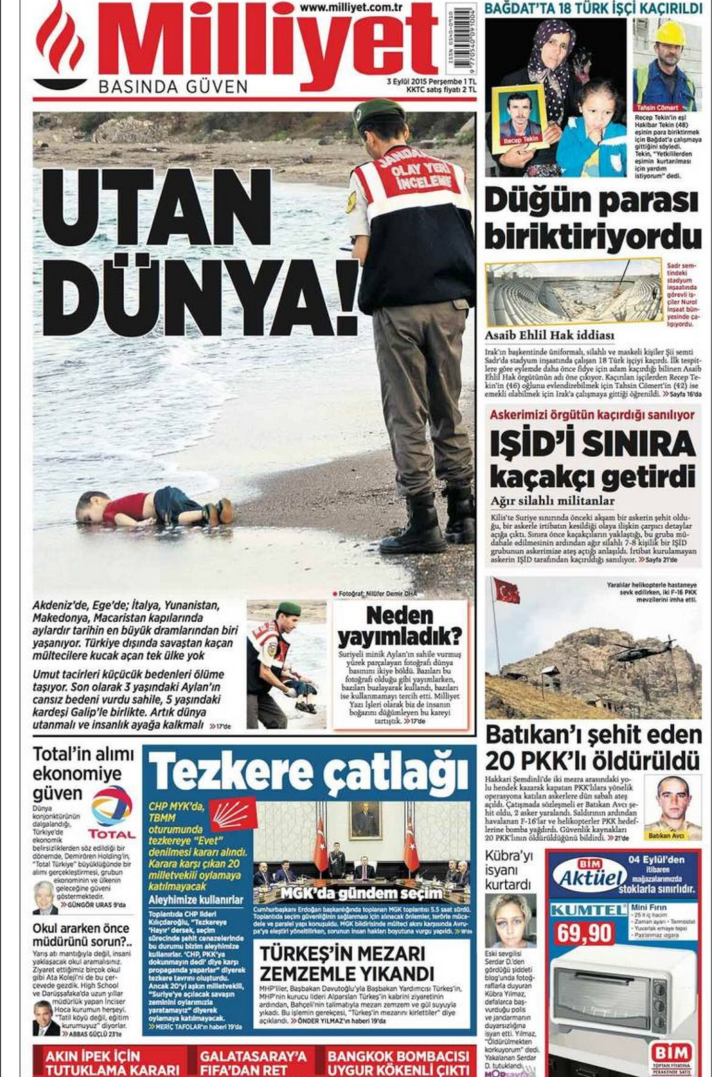 Drowned Migrant Boy Milliyet front page