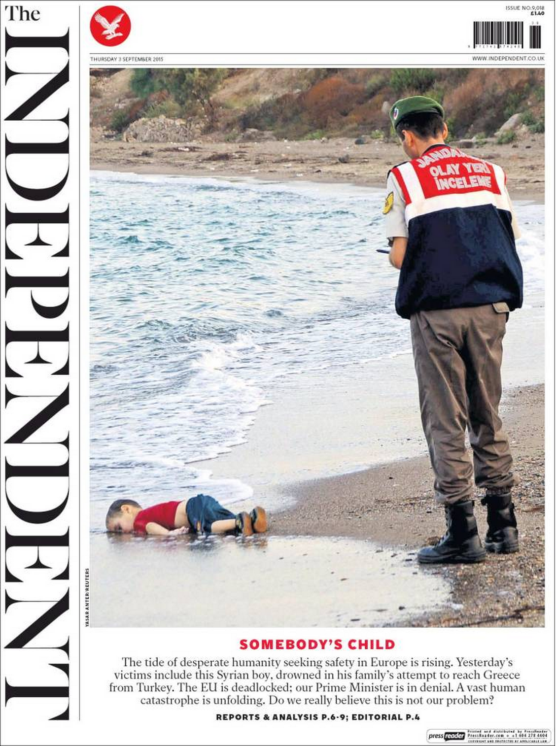 Drowned Migrant Boy The Independent front page