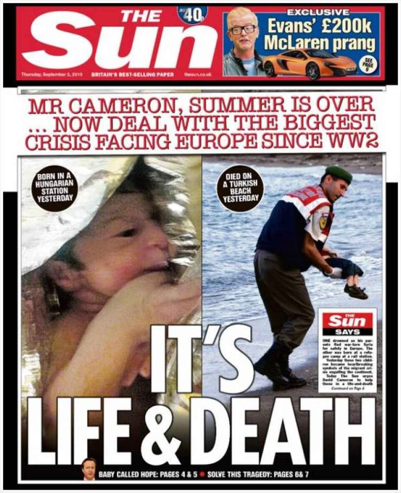 Drowned Migrant Boy The Sun front page