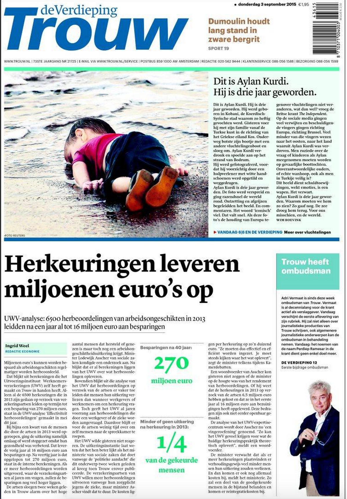 Drowned Migrant Boy Trouw front page