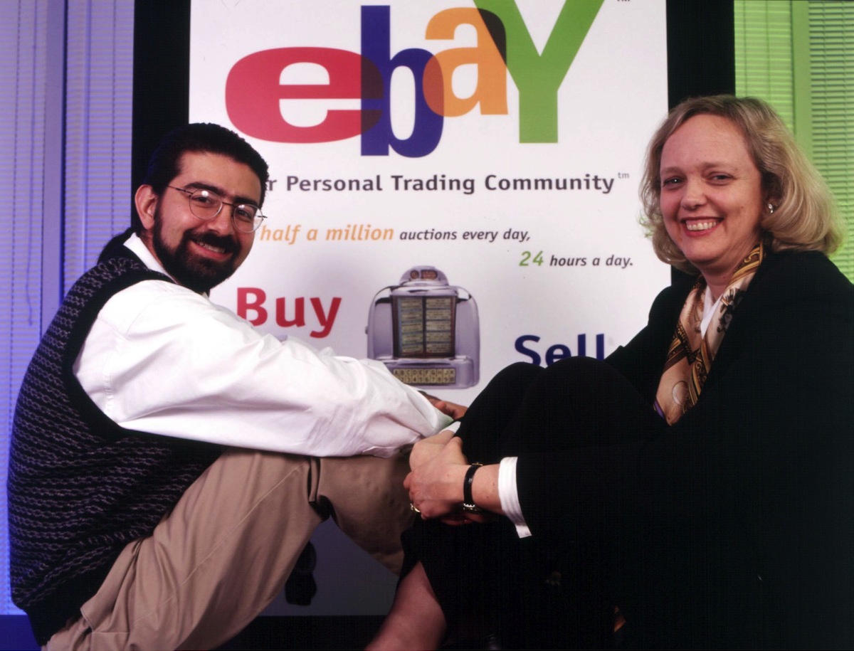 Chairman and founder Pierre Omidyar and CEO Meg Whitman of EBay.com, the online auction service, in California on June 15, 1998. (James D. Wilson&mdash;Getty Images)