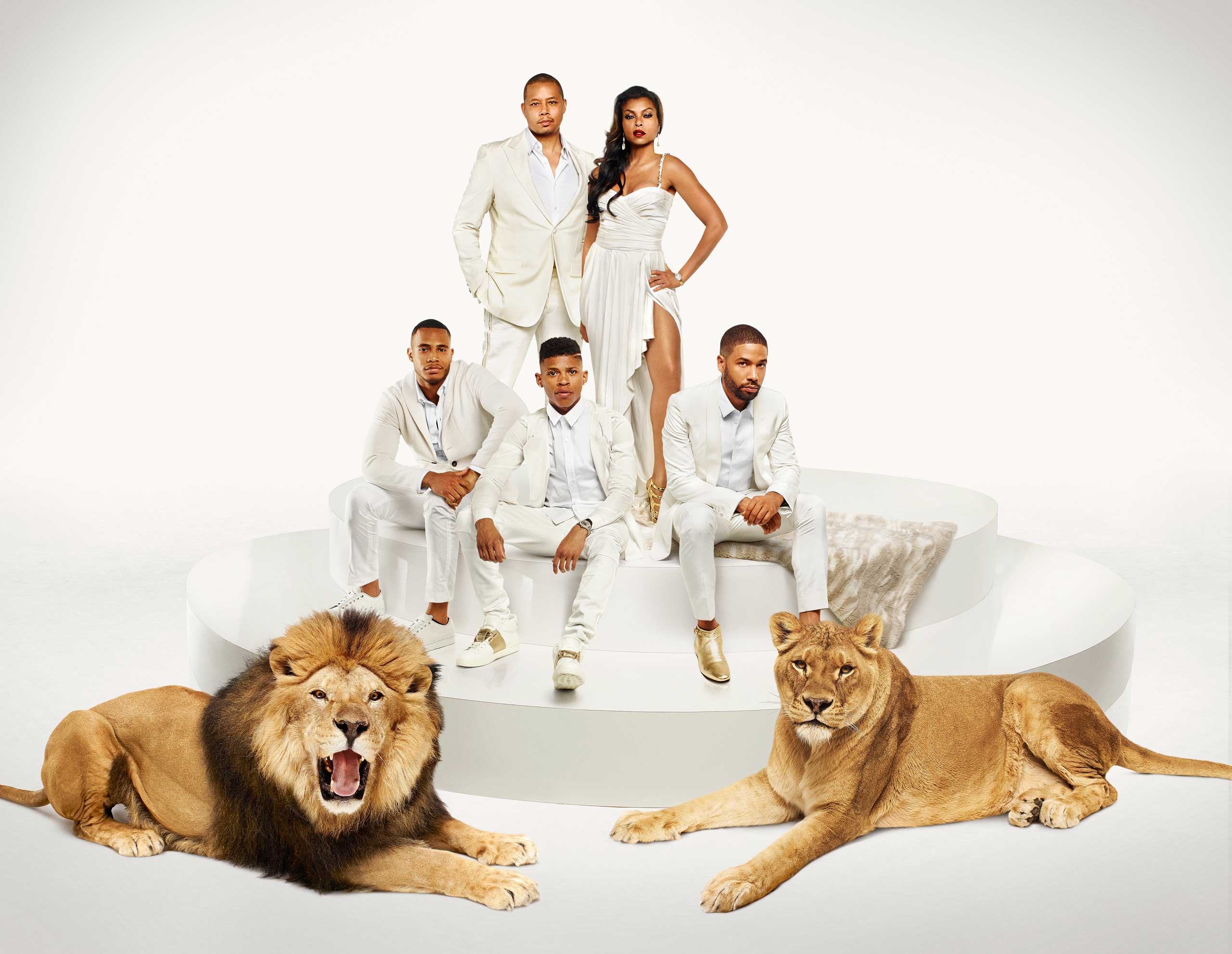 EMPIRE: Cast Pictured L-R: (Bottom Row) Trai Byers as Andre Lyon, Bryshere Gray as Hakeem Lyon and Jussie Smollett as Jamal Lyon (Top Row) Terrence Howard as Lucious Lyon and Taraji P. Henson as Cookie Lyon in EMPIRE. (FOX)