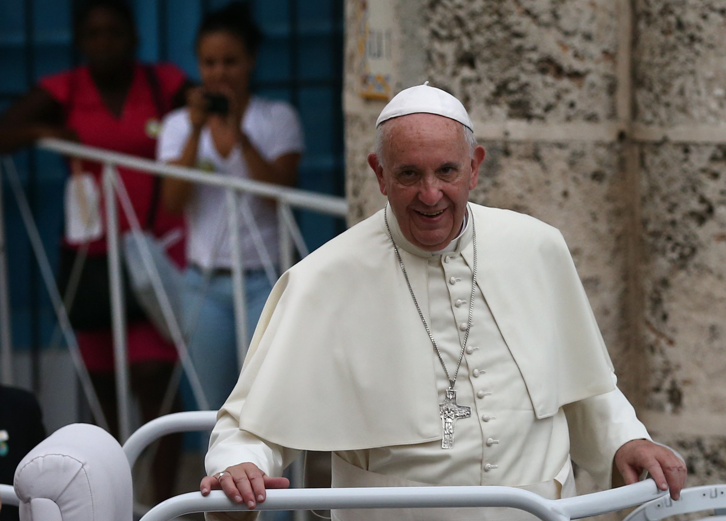 Pope Francis looks out from his Popemobile as he arrives at Havana Cathedral in Havana, Cuba on Sept. 20, 2015.