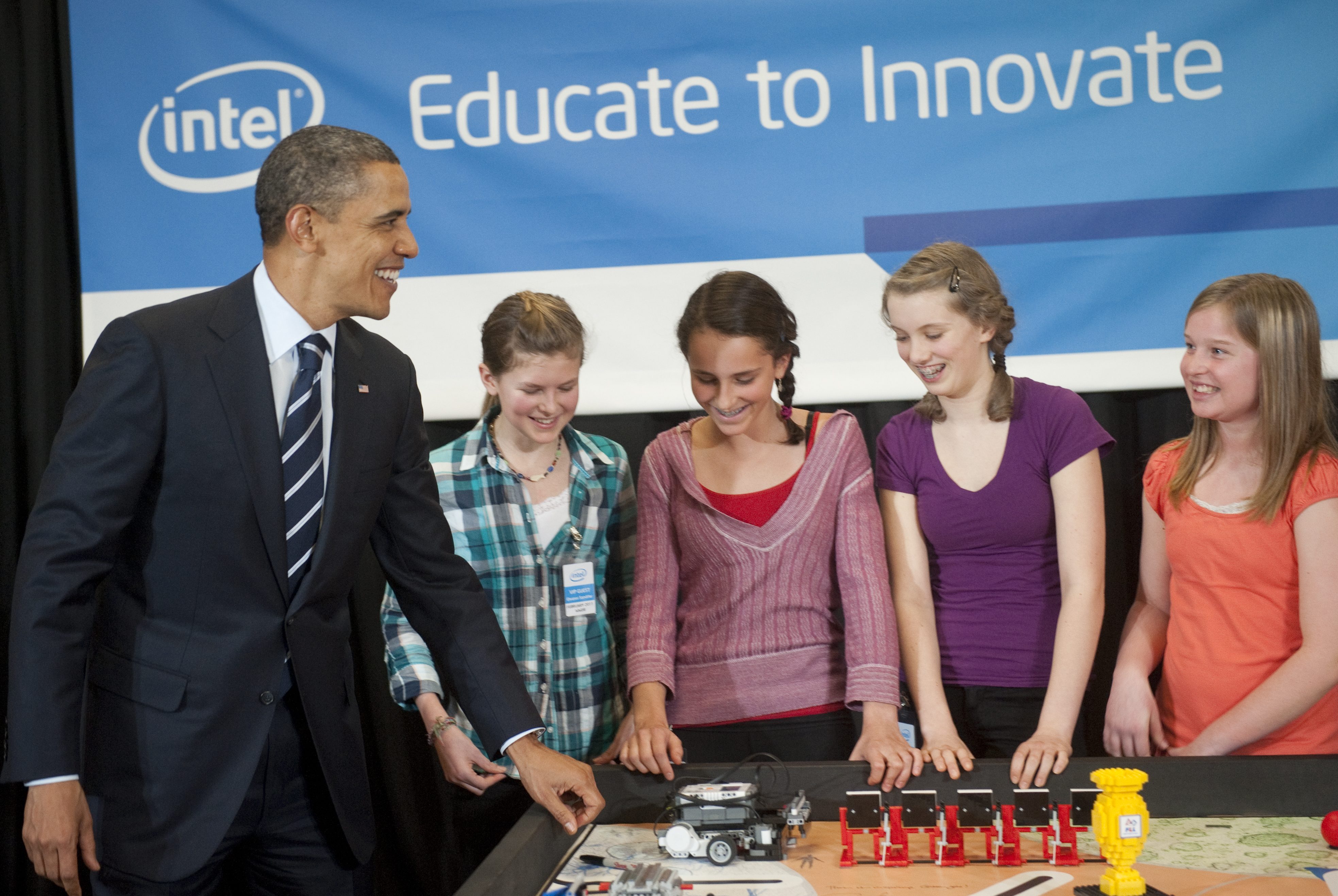 US President Barack Obama speaks with Intel Science Talent Search finalists, 7th graders from the BindleBot Intel First LEGO Robotics Team from Robert Gray Middle School, during a student demonstration at Intel in Hillsboro, Oregon, on February 18, 2011.        AFP PHOTO / Saul LOEB (Photo credit should read SAUL LOEB/AFP/Getty Images) (SAUL LOEB—AFP/Getty Images)