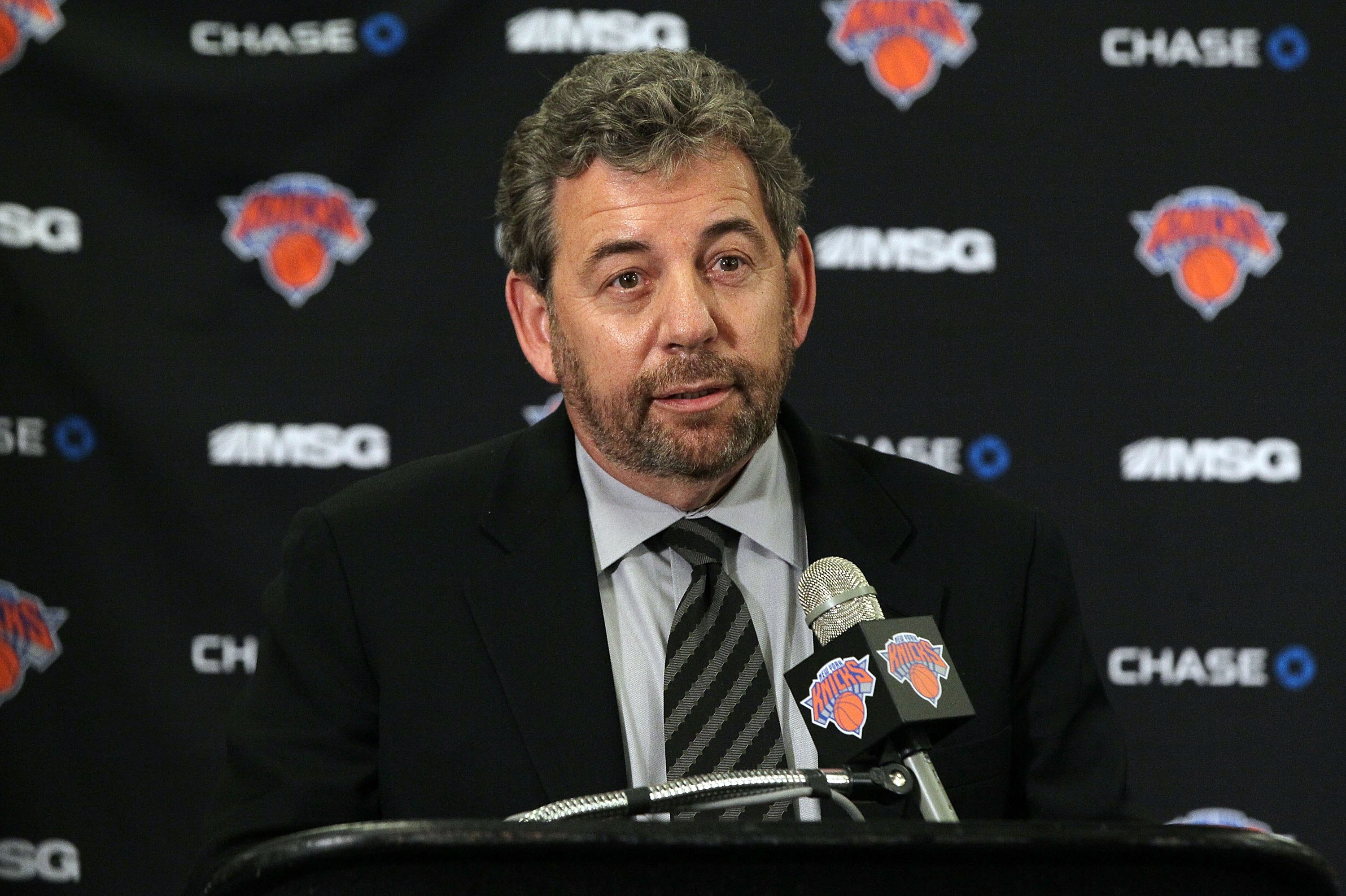 Executive Chairman of Madison Square Garden James L Dolan speaks to the media prior to the New York Knicks game against the Portland Trail Blazers on Wednesday, March 14 2012 at Madison Square Garden in New York. (Jim McIsaac&mdash;Getty Images)
