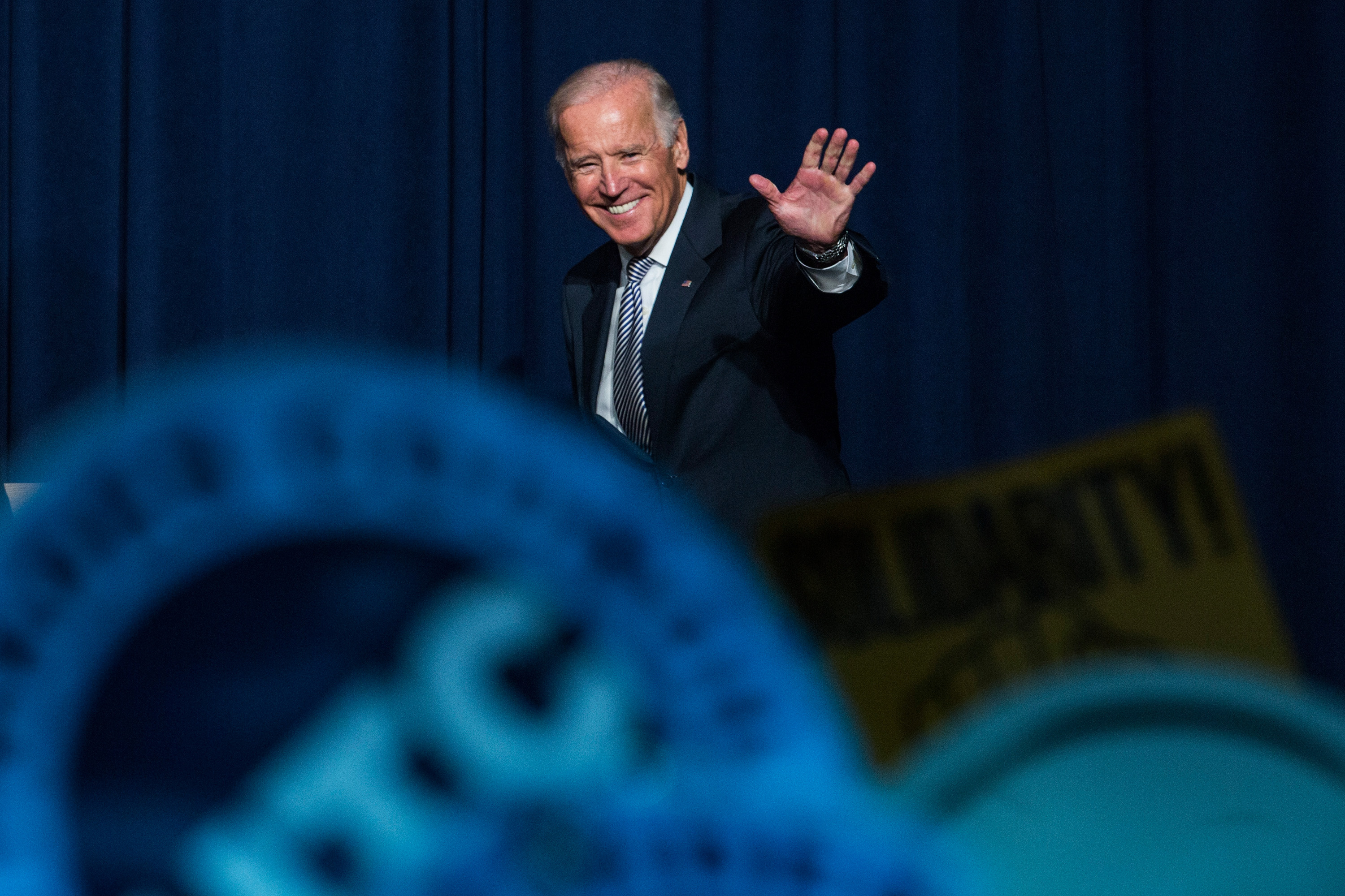 Joe Biden arrives at a rally to support of raising the minimum wage for the state of New York to $15 per hour on September 10, 2015. (Andrew Burton—Getty Images)