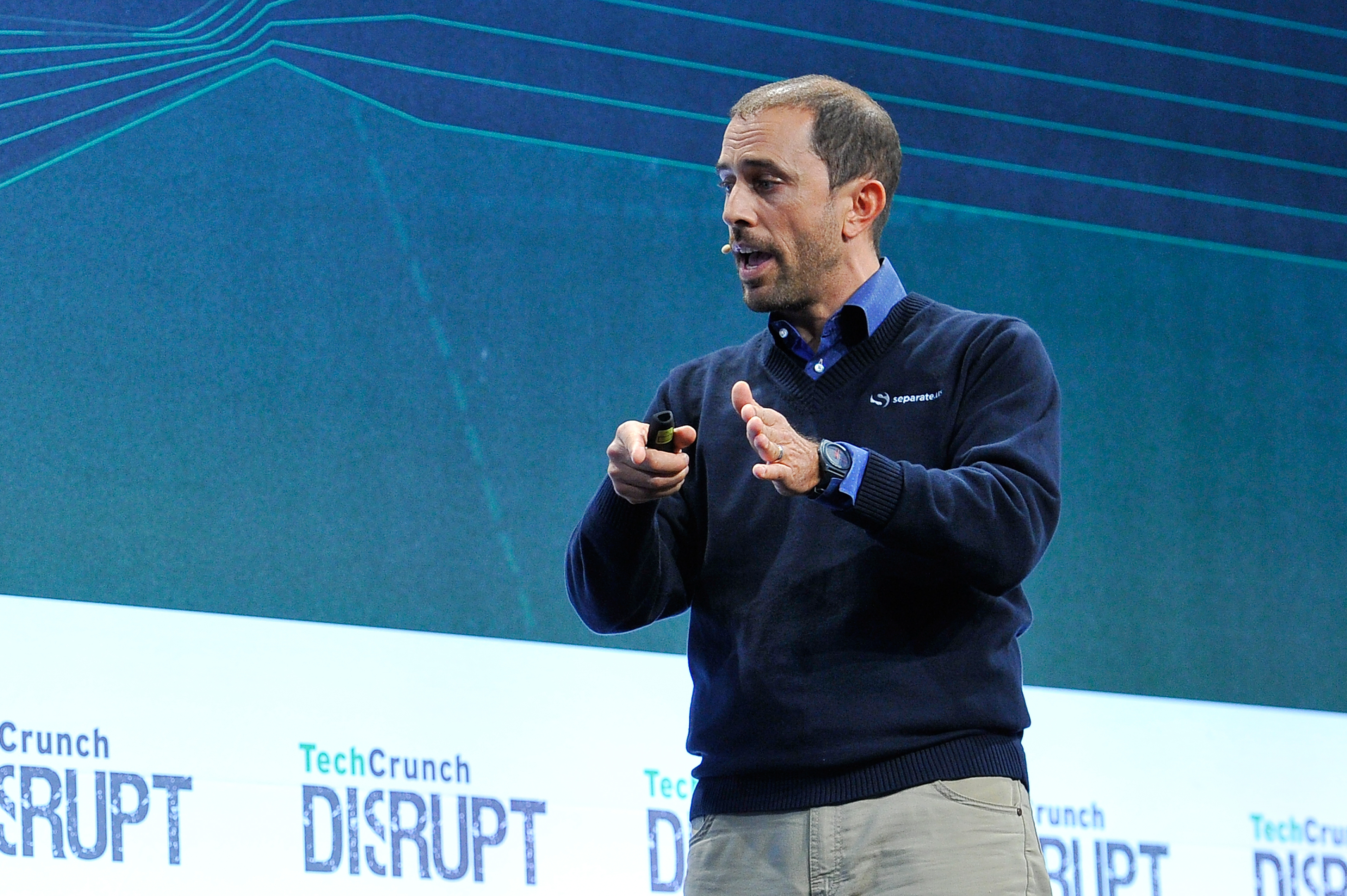 The group from separate.us presents to the judges onstage at TechCrunch Disrupt SF 2015 on Sept. 22, 2015 in San Francisco, Calif. (Steve Jennings—Getty Images)