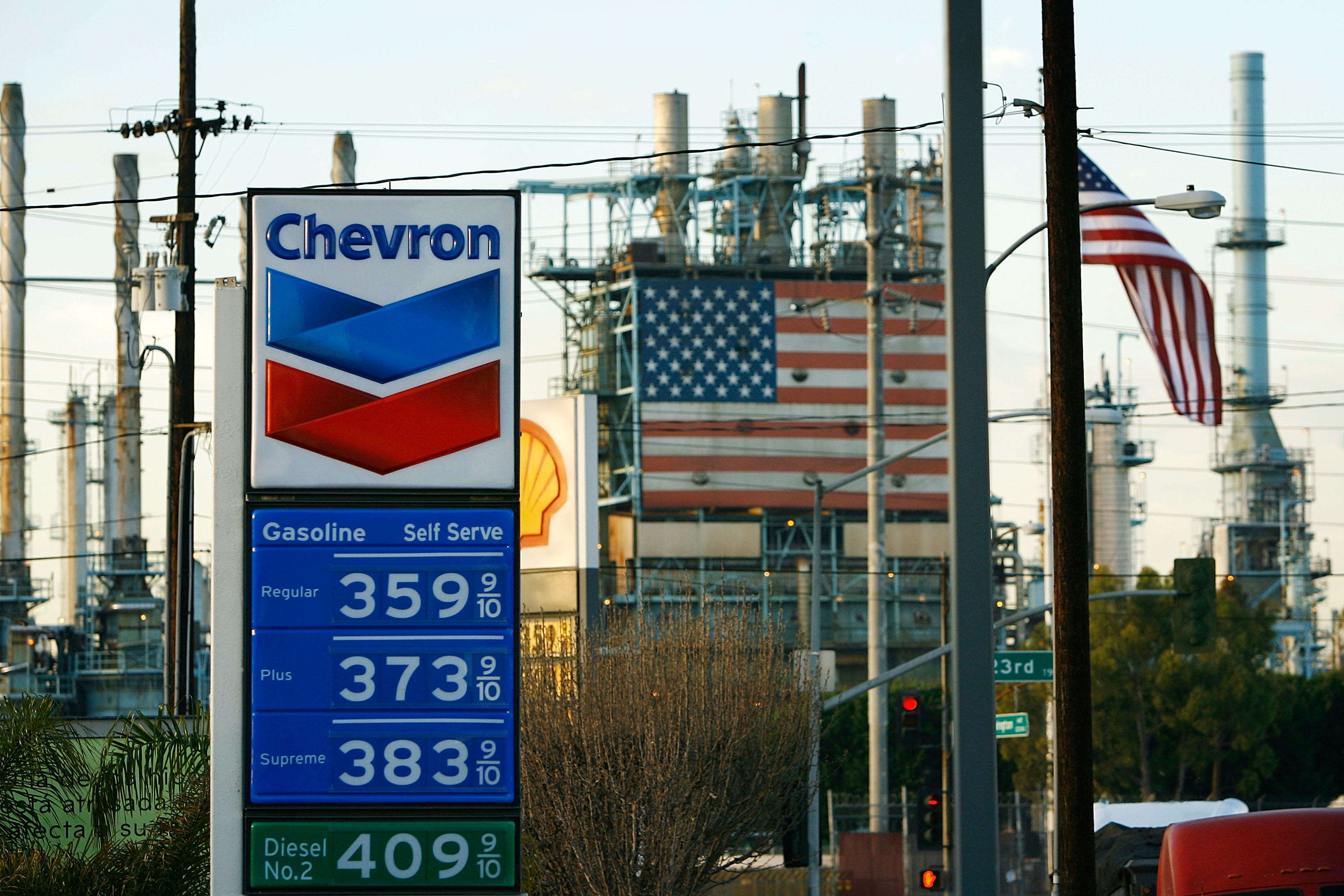 A gas station near the British Petroleum (BP) Arco Wilmington refinery advertises its gas prices after oil hits another new record at $109 a barrel on March 11, 2008 in Wilmington, California. (David McNew&mdash;Getty Images)