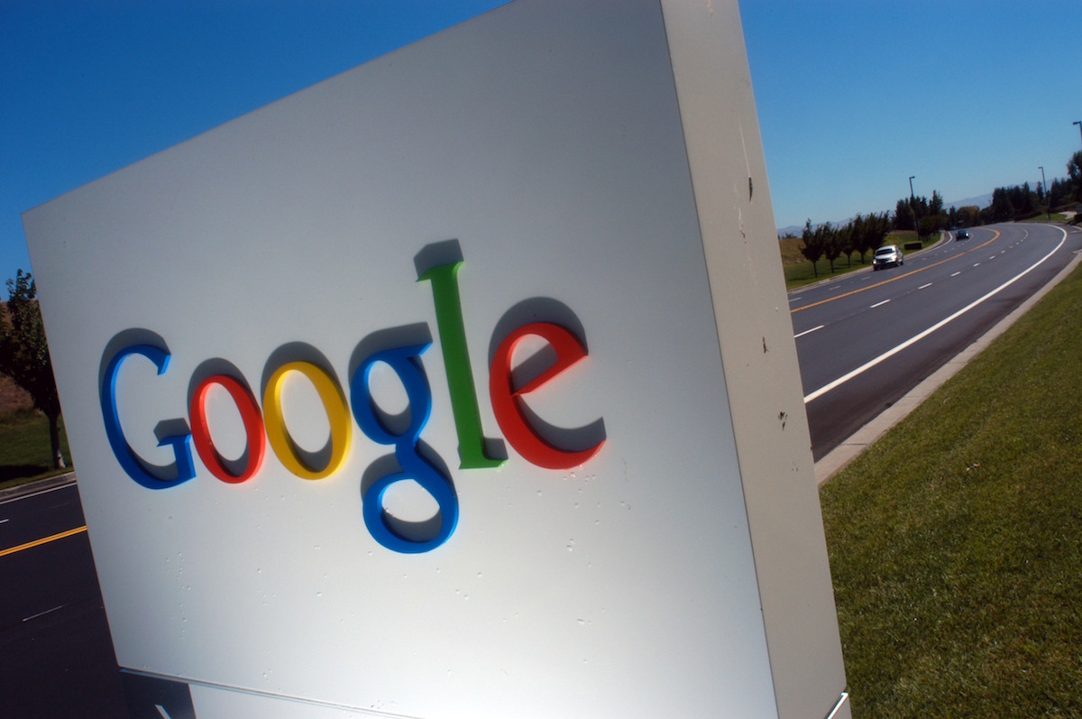 The Google logo is seen on a sign outside of Google Inc. hea