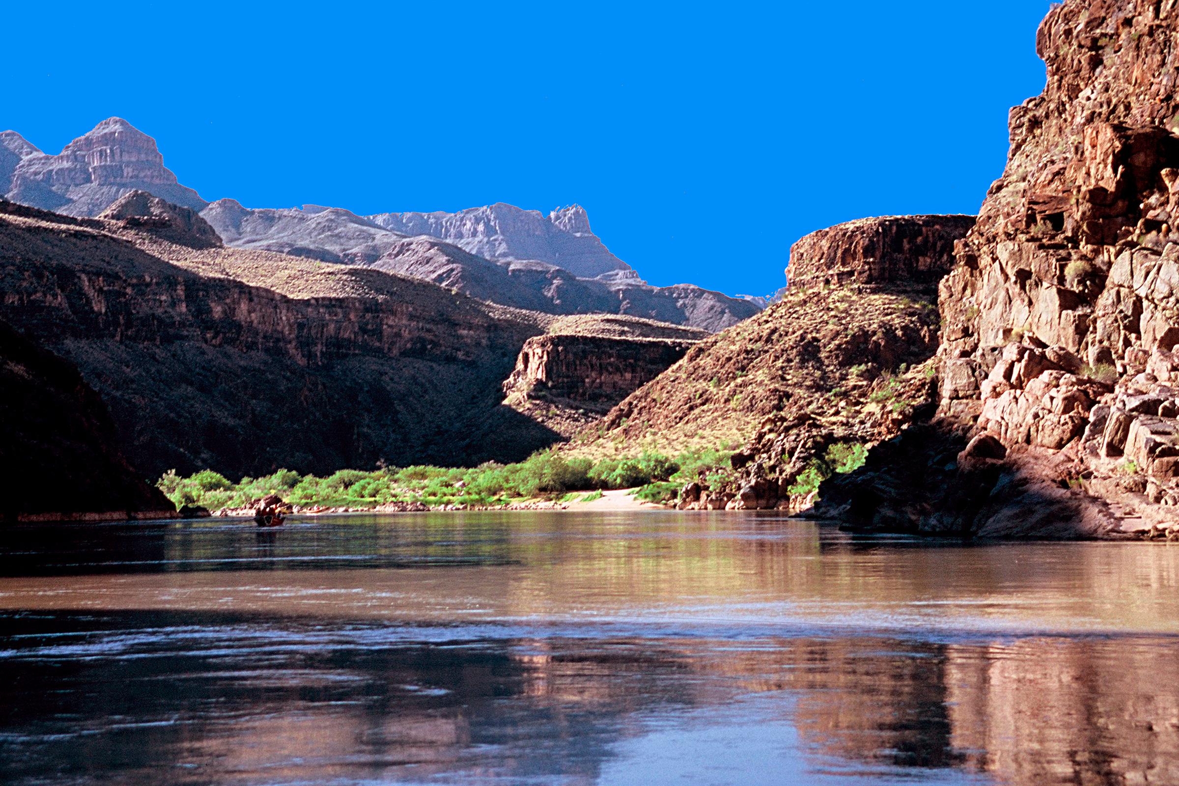 Arizona, Grand Canyon National Park, Colorado River, Still Water Reflections at campsite