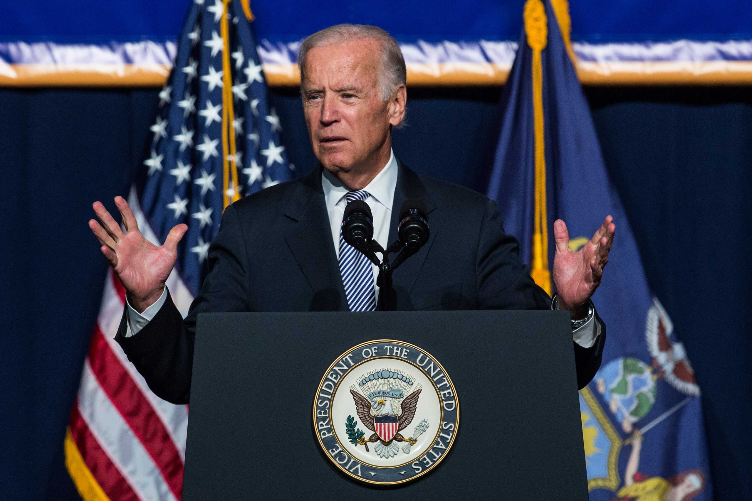U.S. Vice President Joe Biden speaks in support of raising the minimum wage for the state of New York to $15 per hour in New York City, on Sept. 10, 2015 (Andrew Burton—Getty Images)
