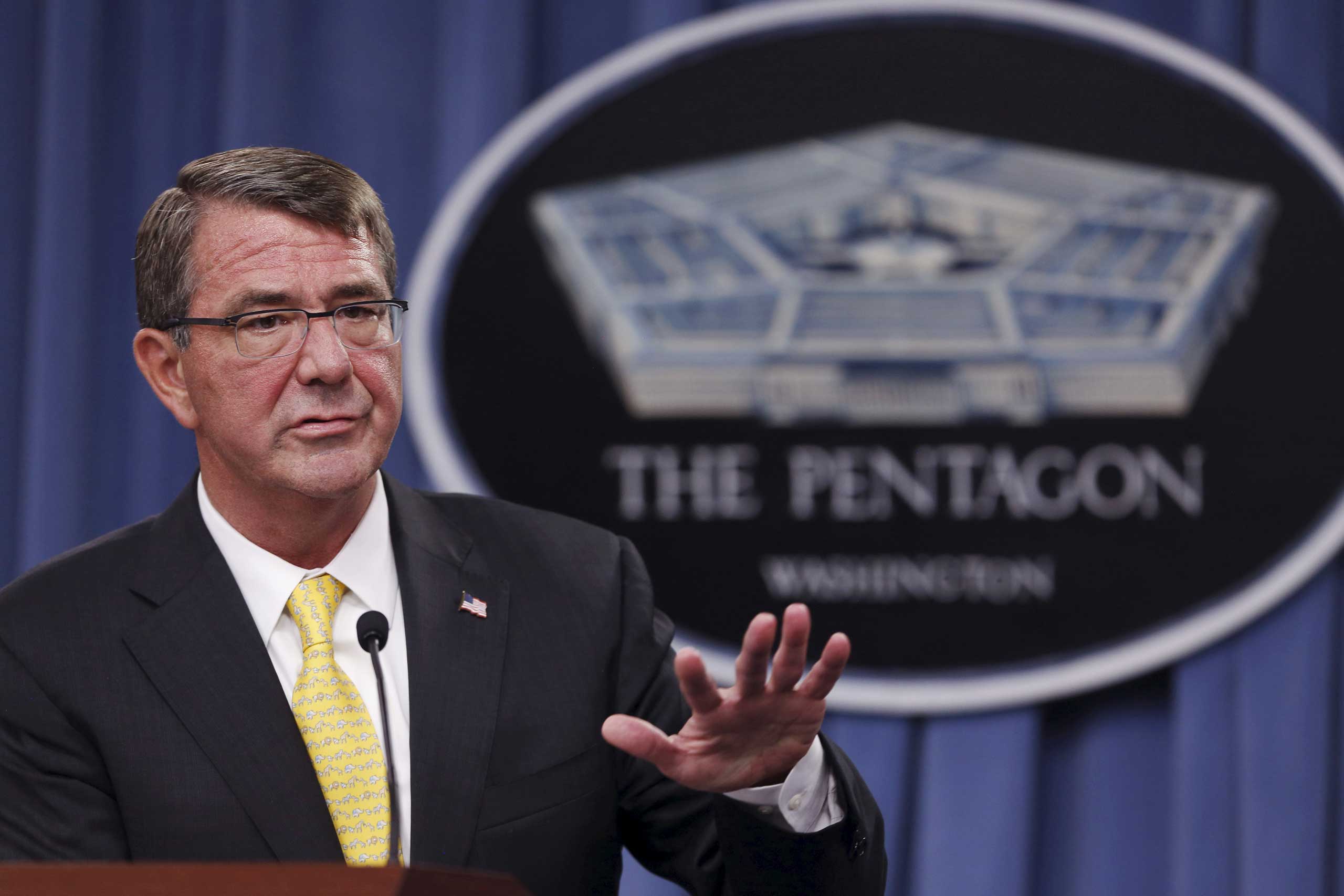 U.S. Defense Secretary Ash Carter holds a news conference at the Pentagon in Arlington, Virginia Aug. 20, 2015. (Jonathan Ernst—Reuters)