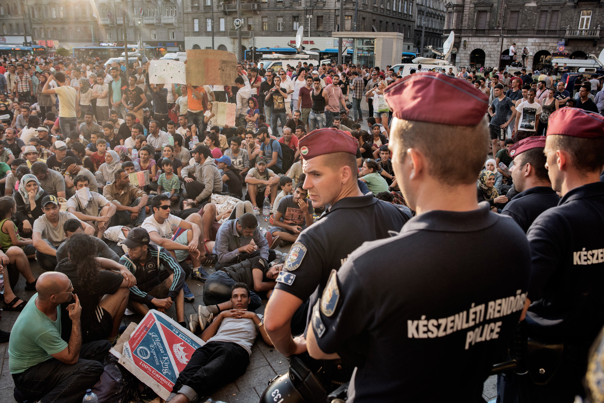 Migrants protest for the right to travel to Germany and claim asylum at the Keleti train station in Budapest which was temporarily closed. Sept. 1, 2015. (Yuri Kozyrev—NOOR for TIME)