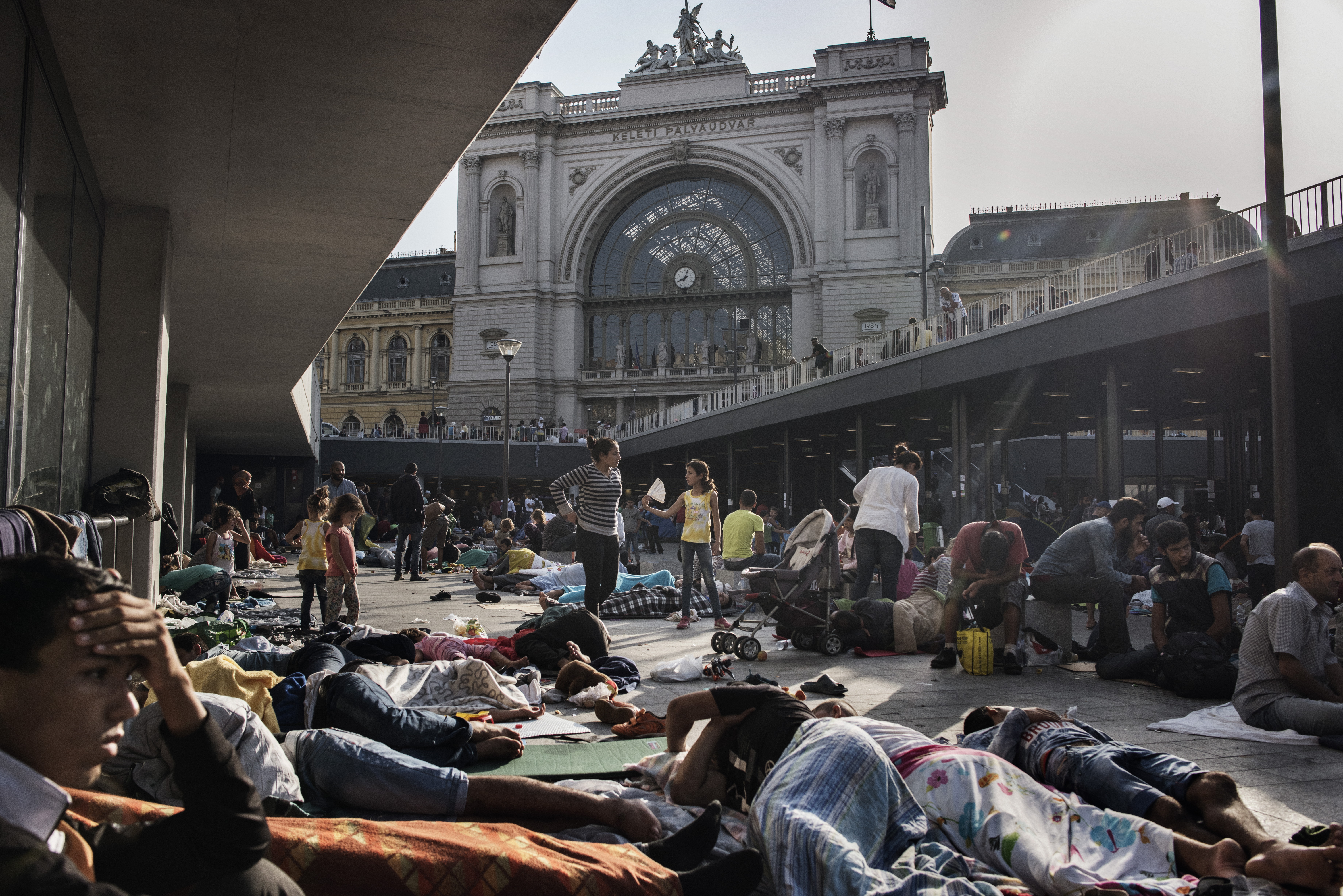 Dozens of refugee families, mostly from Syria, camped near the Keleti train station in Budapest, Hungary on Sept. 2, 2015.