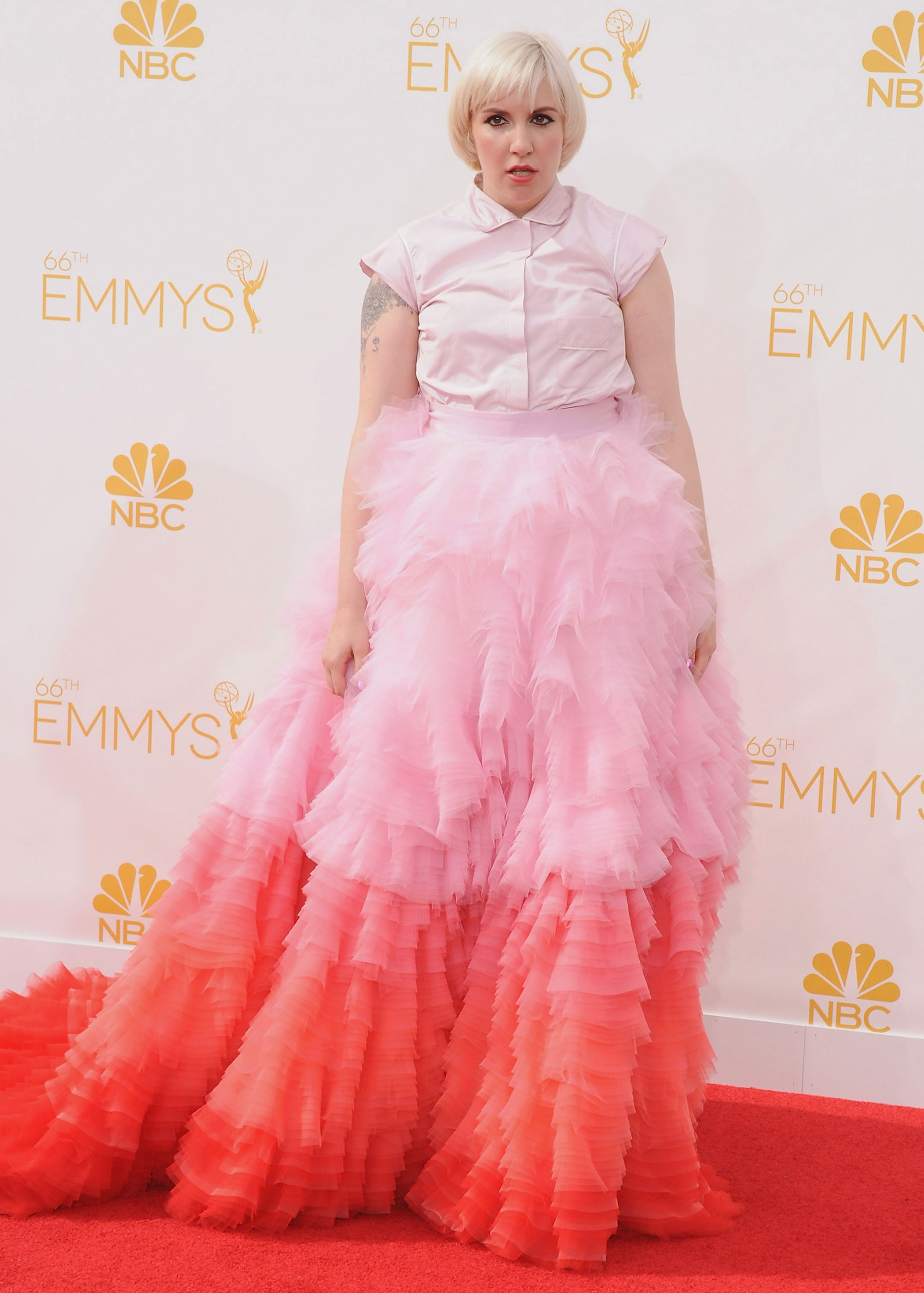 Lena Dunham in a pink tutu dress at the 66th Annual Primetime Emmy Awards on Aug. 25, 2014 in Los Angeles.