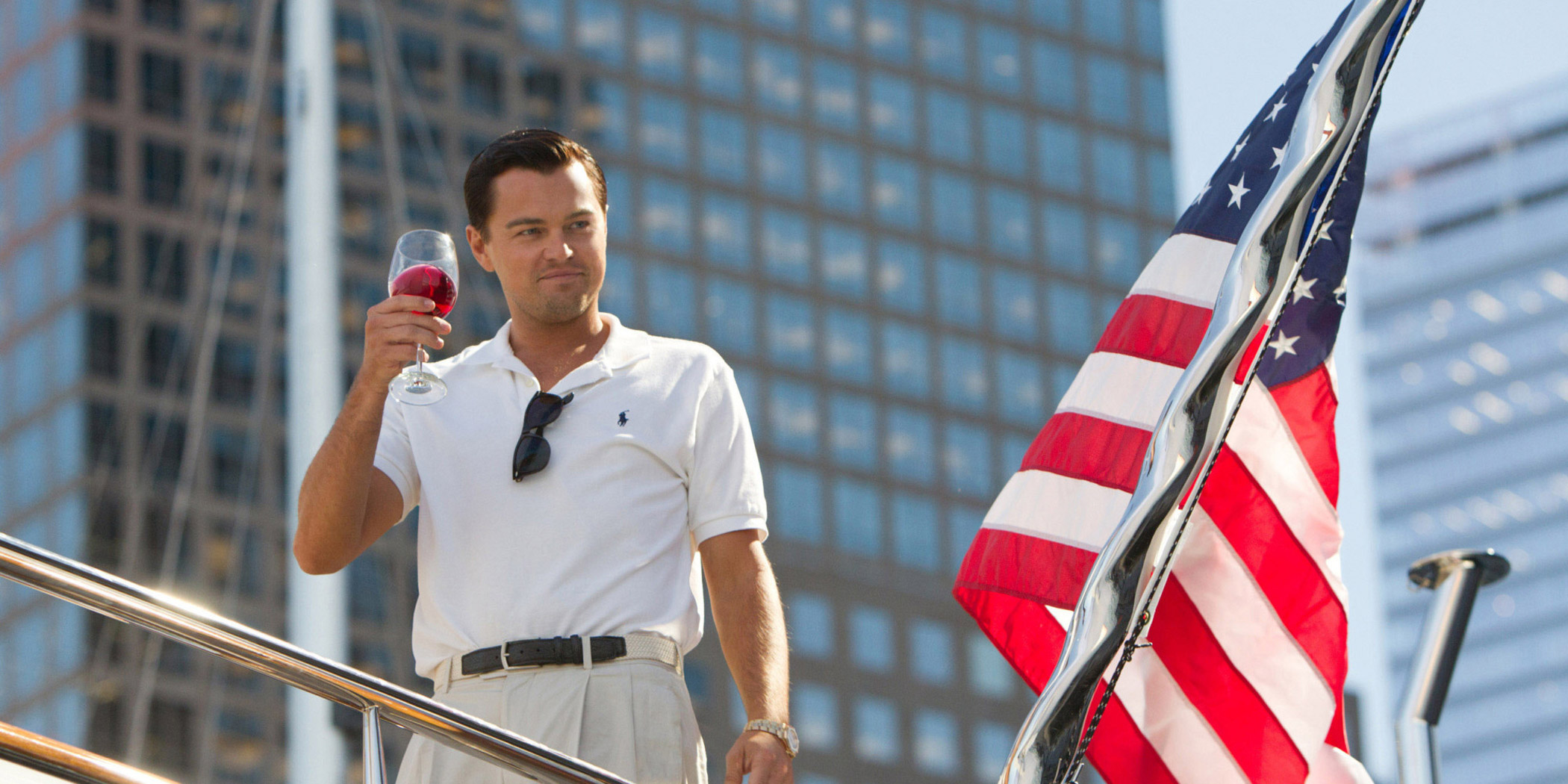 Leonardo Dicaprio wearing a white Ralph Lauren Polo shirt in the 2013 film <i>The Wolf of Wall Street</i>. (Paramount Pictures)