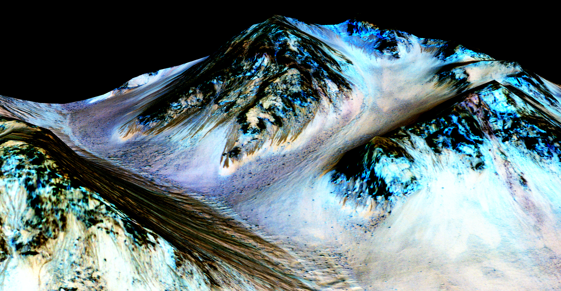 In this handout provided by NASA's Mars Reconnaissance Orbiter, dark, narrow streaks on the slopes of Hale Crater are inferred to be formed by seasonal flow of water on surface of present-day Mars.