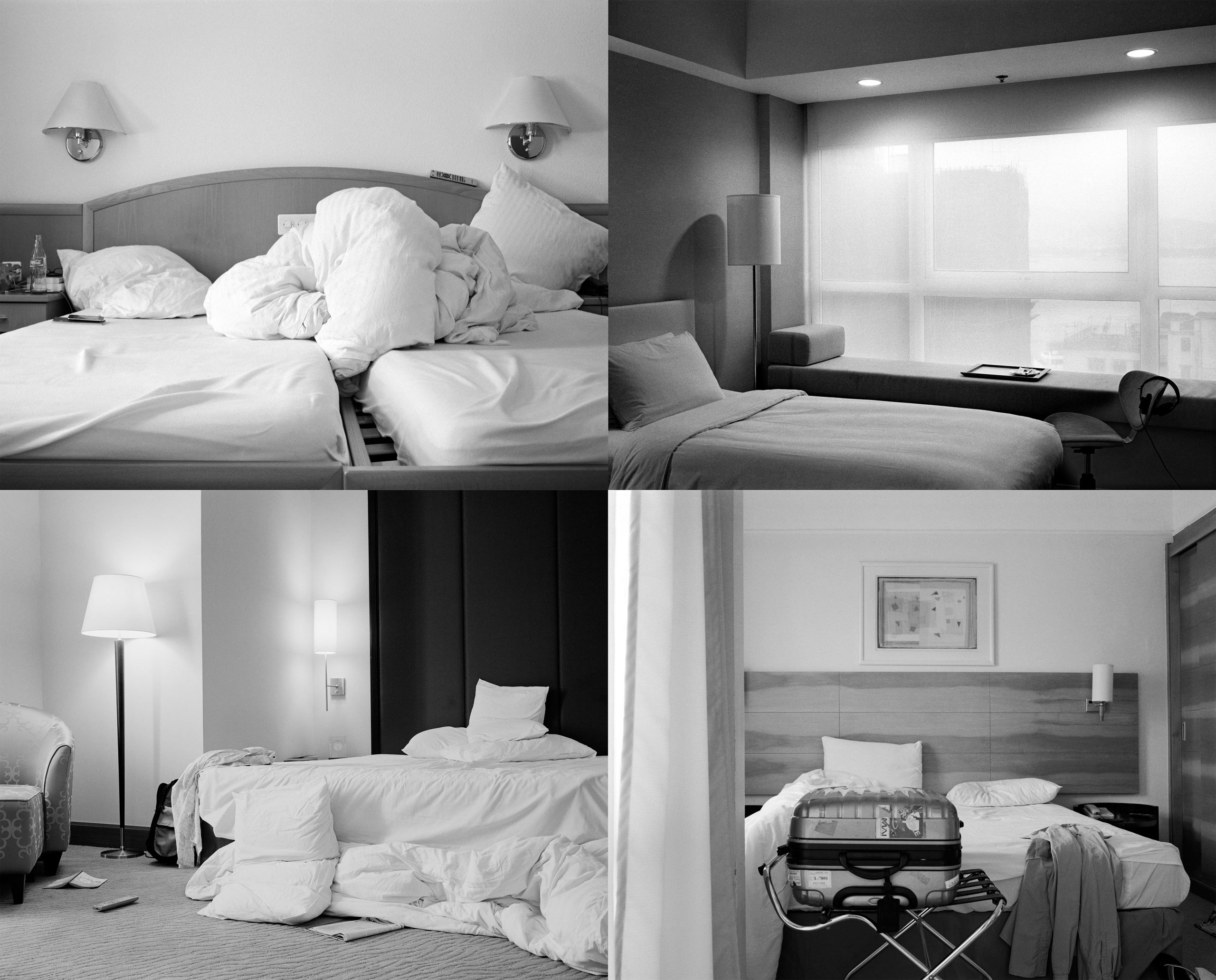 (From top-left to bottom-right) 
                              
                              Hotel room, Basel, Switzerland, 2011.
                              
                              Hong Kong, 2008.
                              
                              Bangkok, Thailand, 2007.
                              
                              Hotel. Sao Paolo, Brazil, 2012.