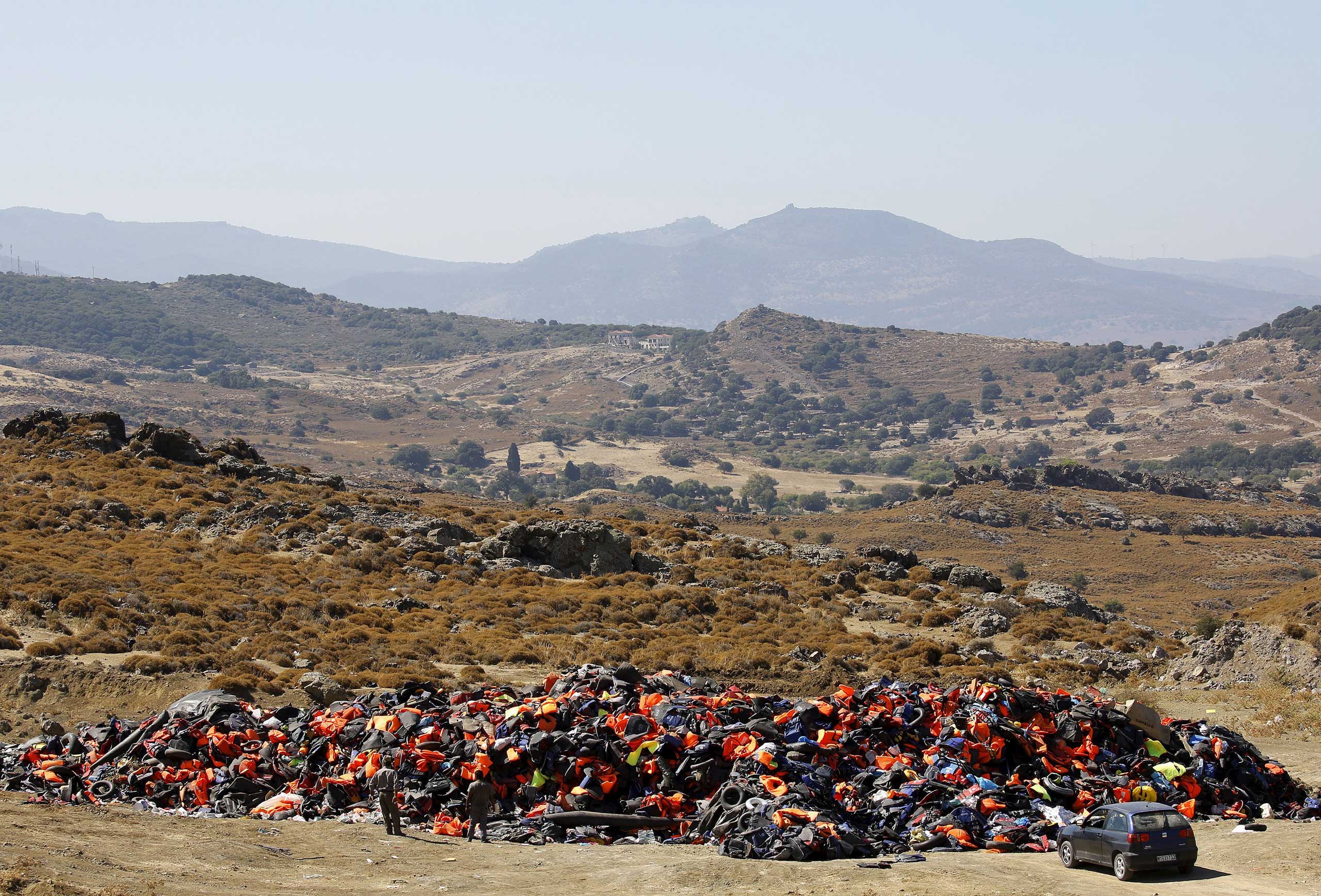 Mountain lifevests dinghies Lesbos migrants