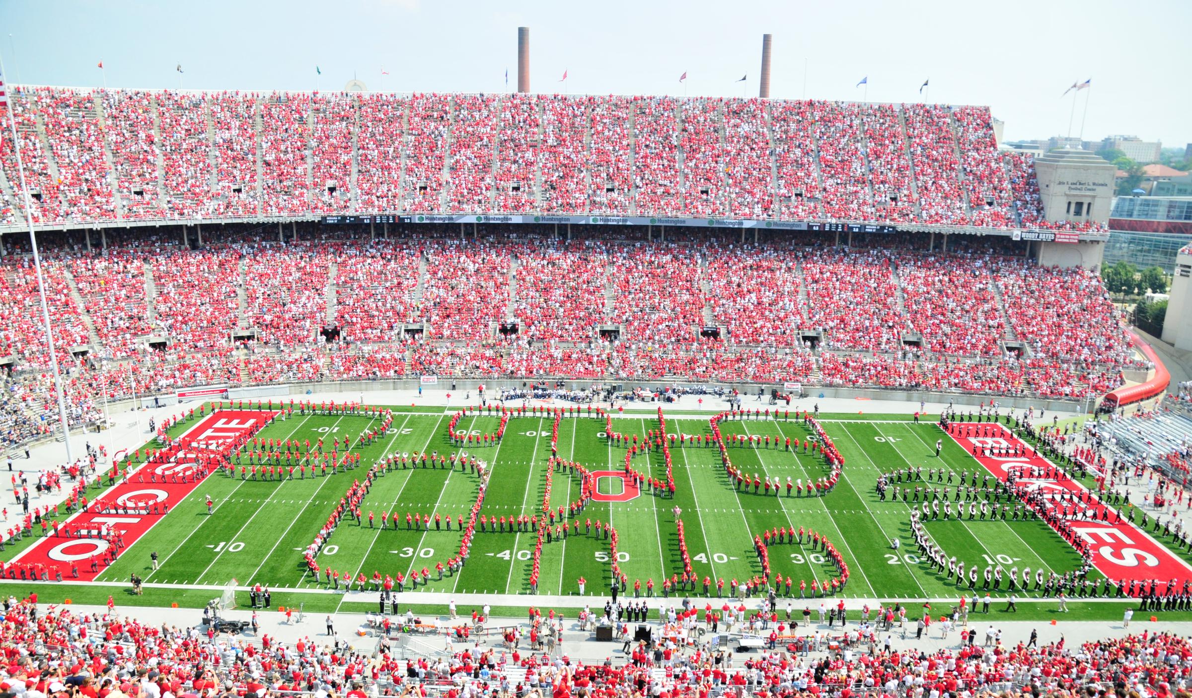The Ohio State University marching band performs "Script Ohio" during half time during a game with the Akron Zips at Ohio Stadium in Columbus, Ohio on Sept. 3, 2011.
