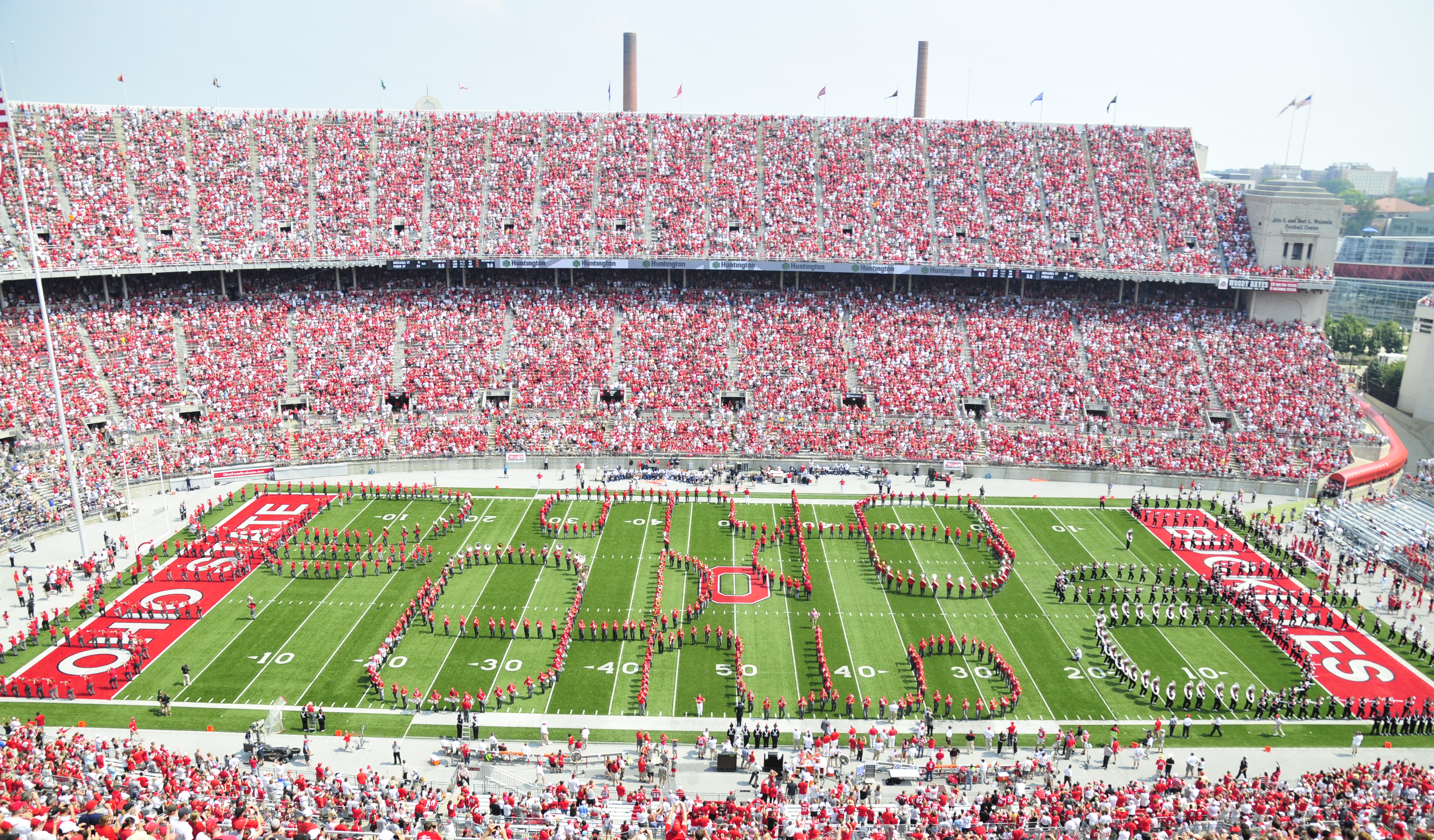The Ohio State University marching band performs  Script Ohio  during half time during a game with the Akron Zips at Ohio Stadium in Columbus, Ohio on Sept. 3, 2011.