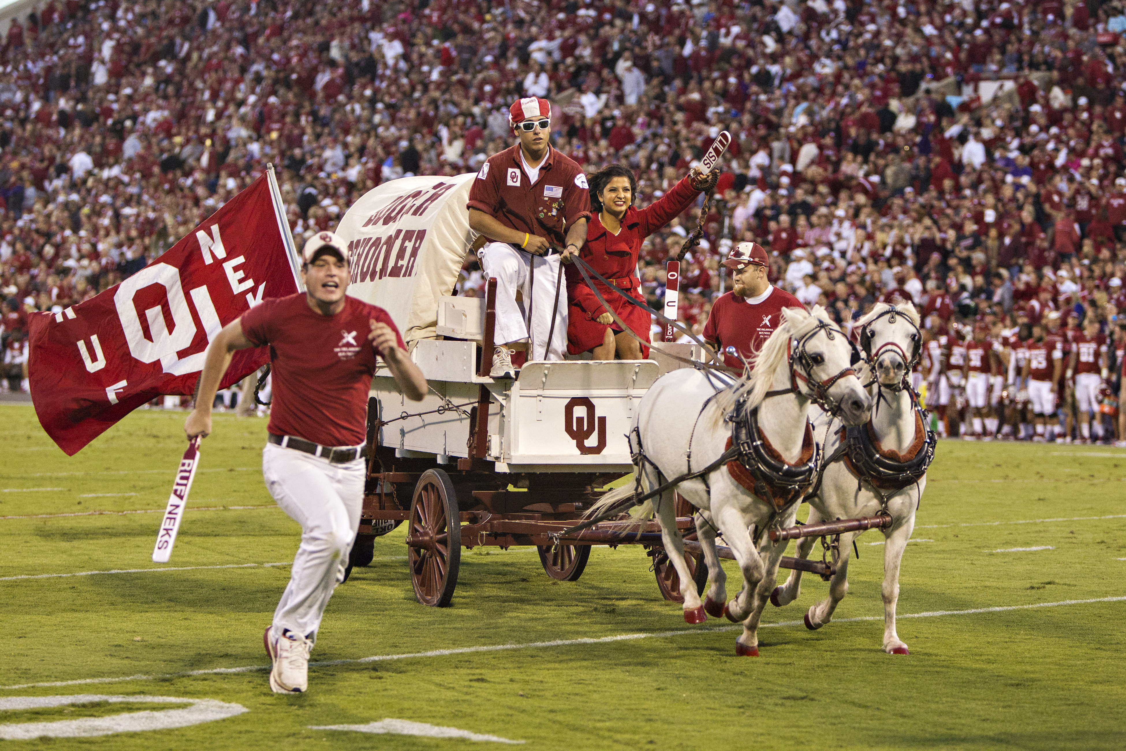 Boomer Sooner of the Oklahoma Sooners rides around the field after a touchdown during a game against the TCU Horned Frogs at Gaylord Family Oklahoma Memorial Stadium in Norman, Okla. on Oct. 5, 2013.