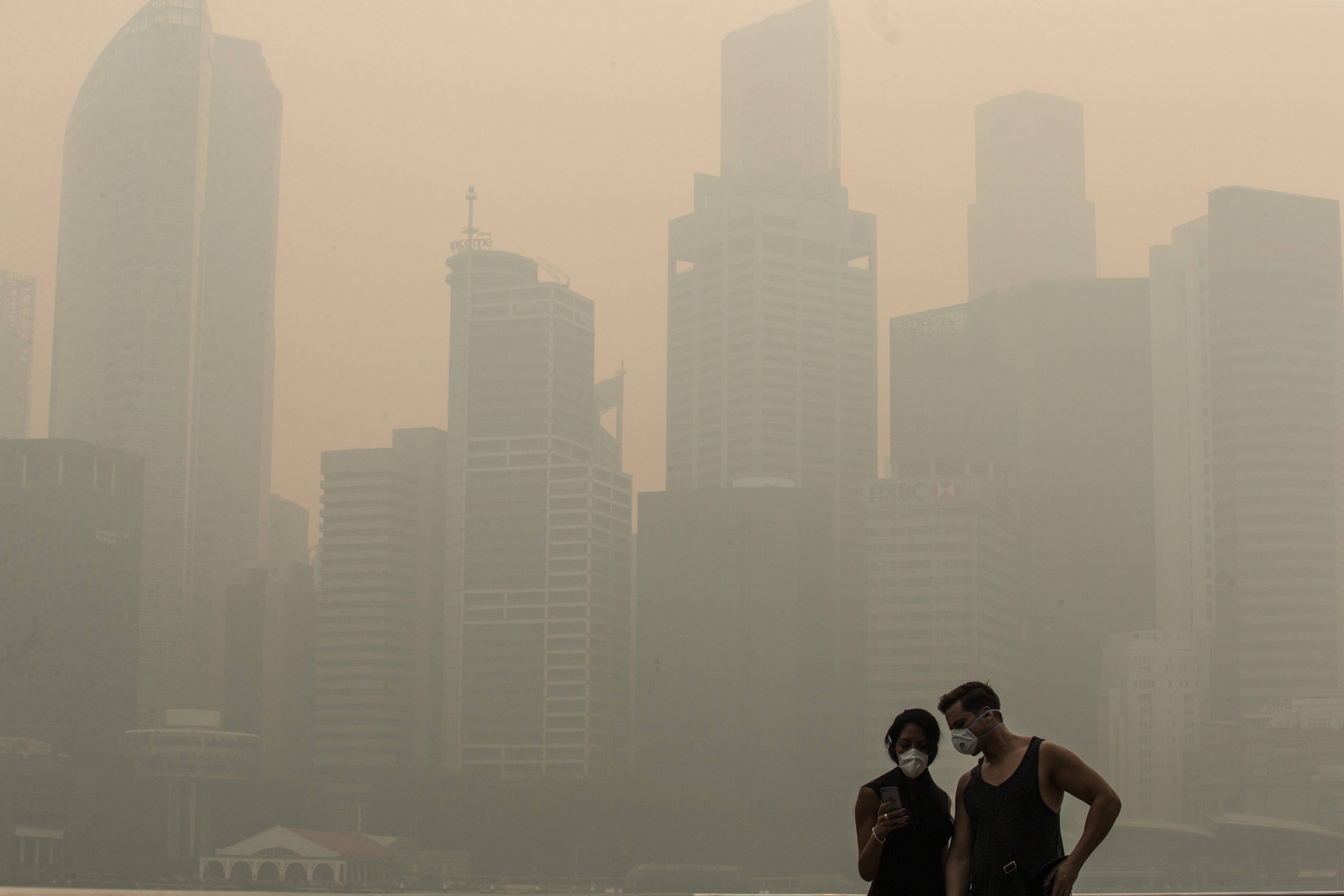 Pedestrians look at a smart device in the Marina Bay district as buildings in the central business district stand shrouded in smog in Singapore, on Sept. 24, 2015. (Nicky Loh—Bloomberg/Getty Images)