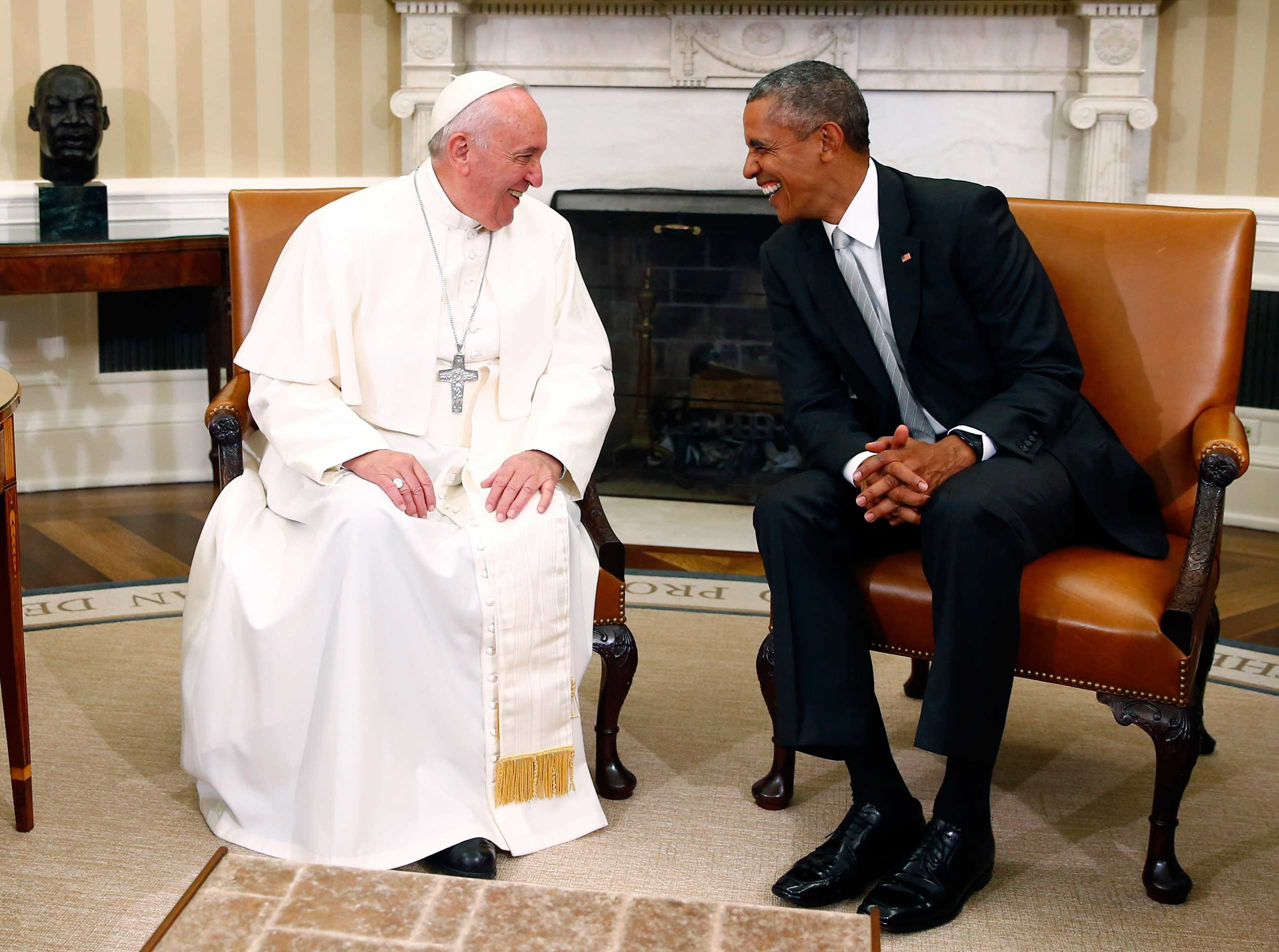 President Barack Obama talks with Pope Francis in the Oval Office of the White House in Washington, on Sept. 23, 2015.