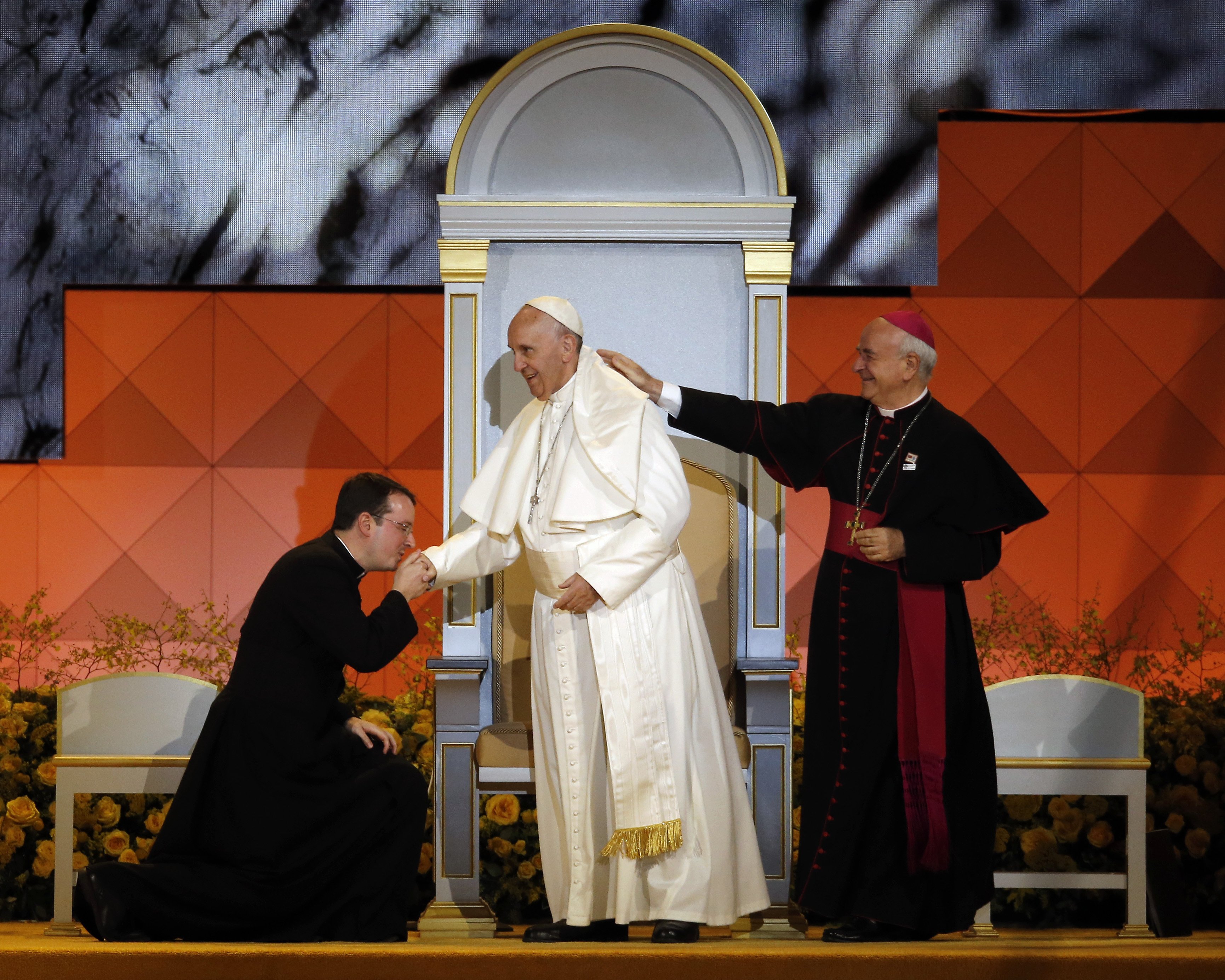 Pope Francis takes the stage during the Festival of Families in Philadelphia, on Sept. 26, 2015.