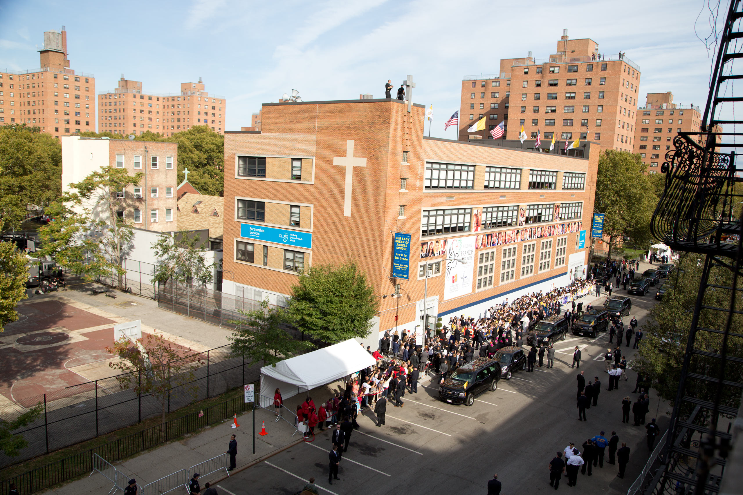 Pope Francis  visits Our Lady Queen of Angels School in East Harlem, New York. Sept, 25, 2015.