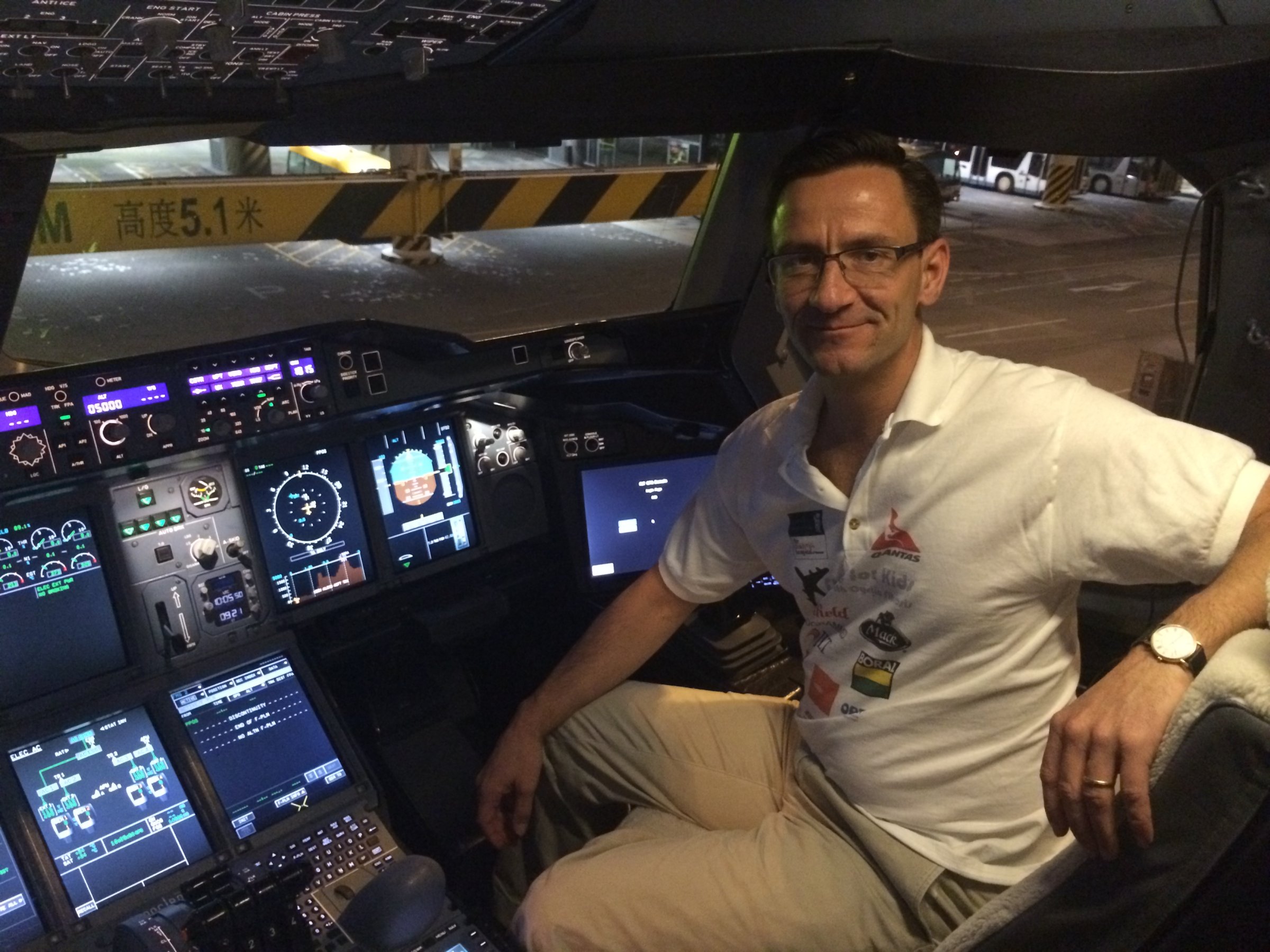 Matthias Fuchs pictures in Hong Kong in the cockpit of an Airbus A380.