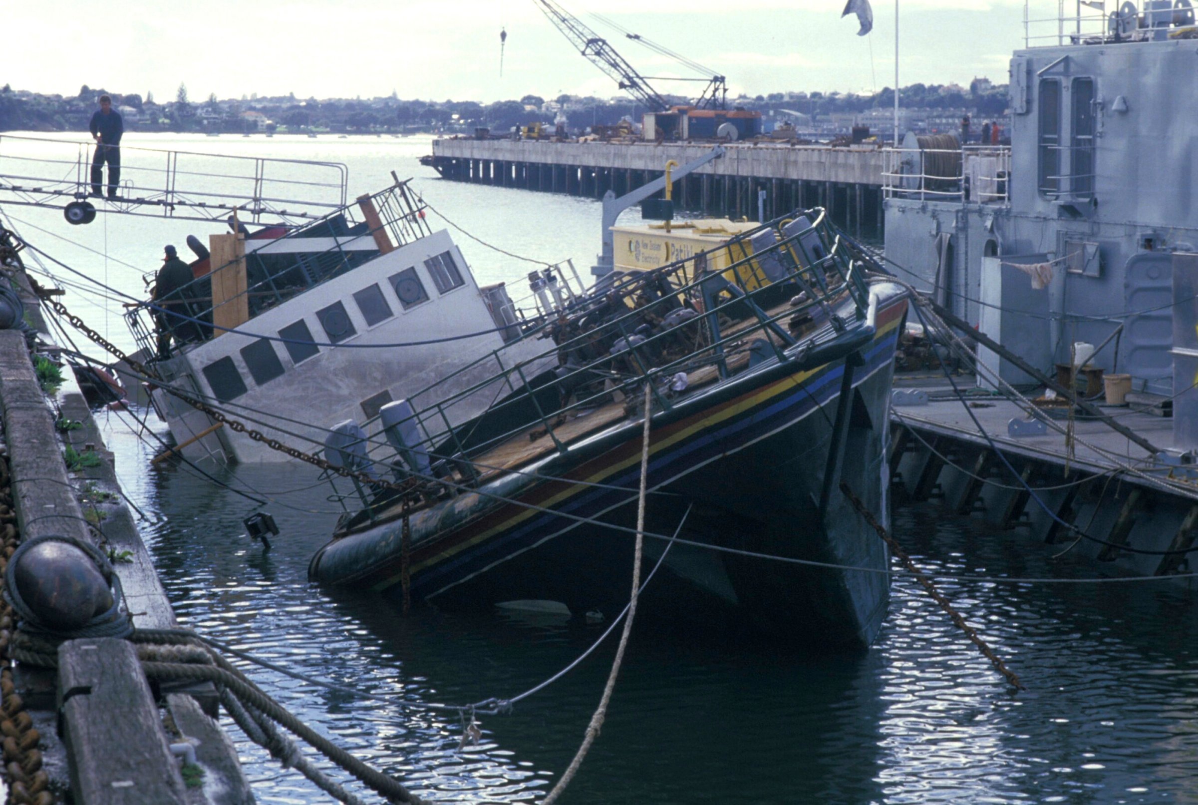 Greenpeace Rainbow Warrior sinking in the Bay of Auckland in New Zealand, July 10, 1985.