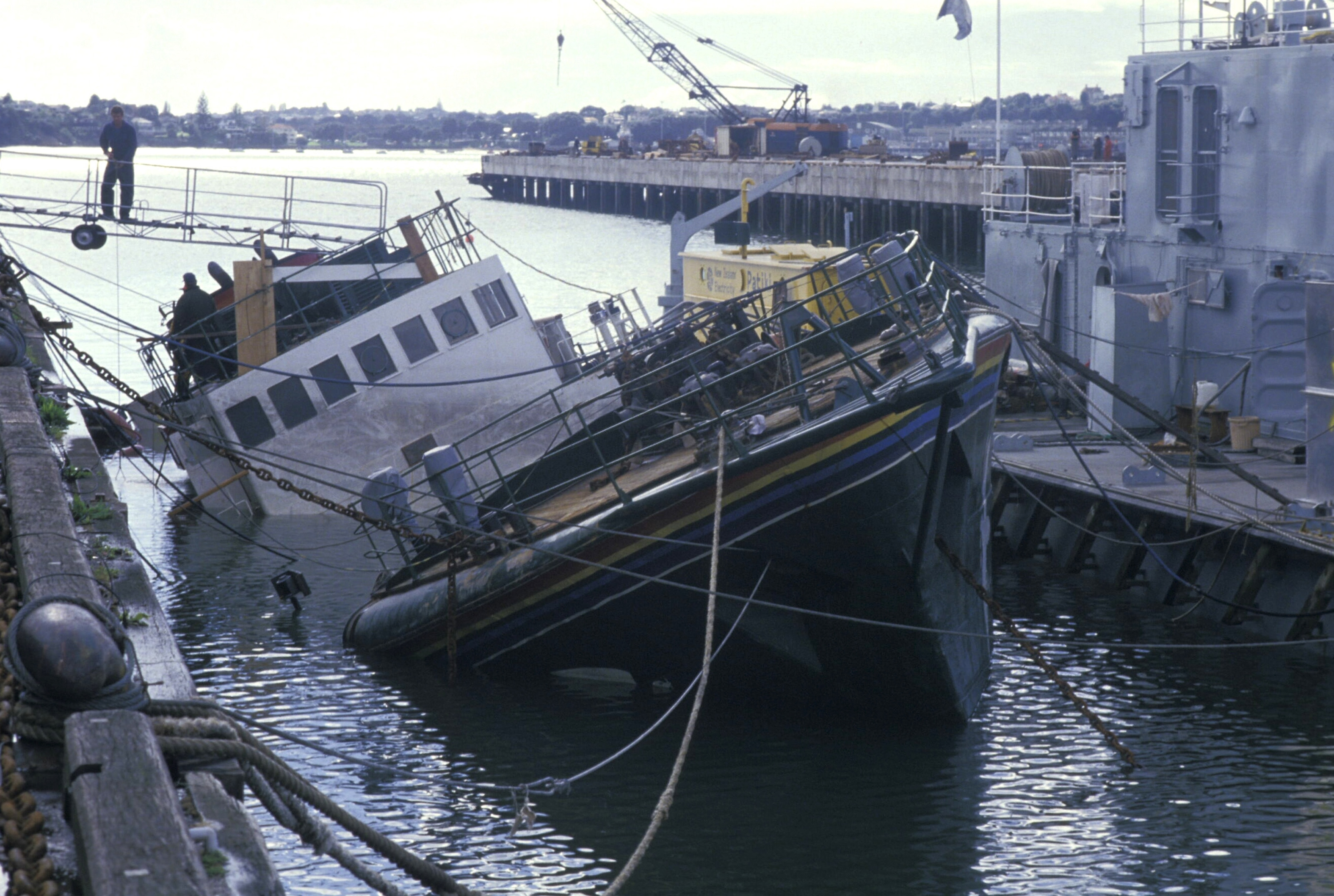 Greenpeace Rainbow Warrior sinking in the Bay of Auckland in New Zealand, 1985. (Patrick Riviere—Getty Images)
