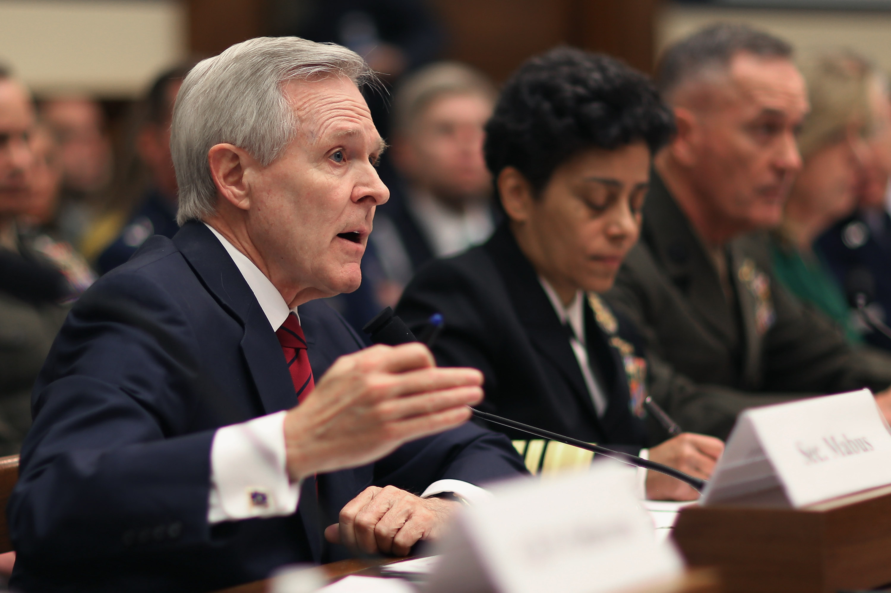 Secretary of the Navy Ray Mabus, Vice Chief of Naval Operations Adm. Michelle Howard, Commandant of the Marine Corps Gen. Joseph Dunford testify before the House Armed Services Committee about the FY2016 National Defense Authorization Budget Request in the Rayburn House Office Building on Capitol Hill on March 17, 2015. (Chip Somodevilla—Getty Images)
