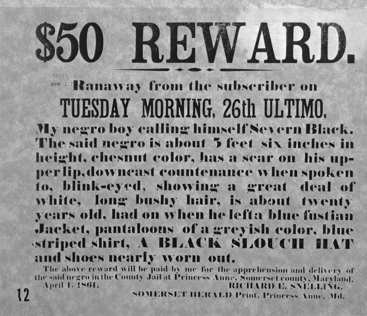 Reward Notice For Return Of Runaway Slave