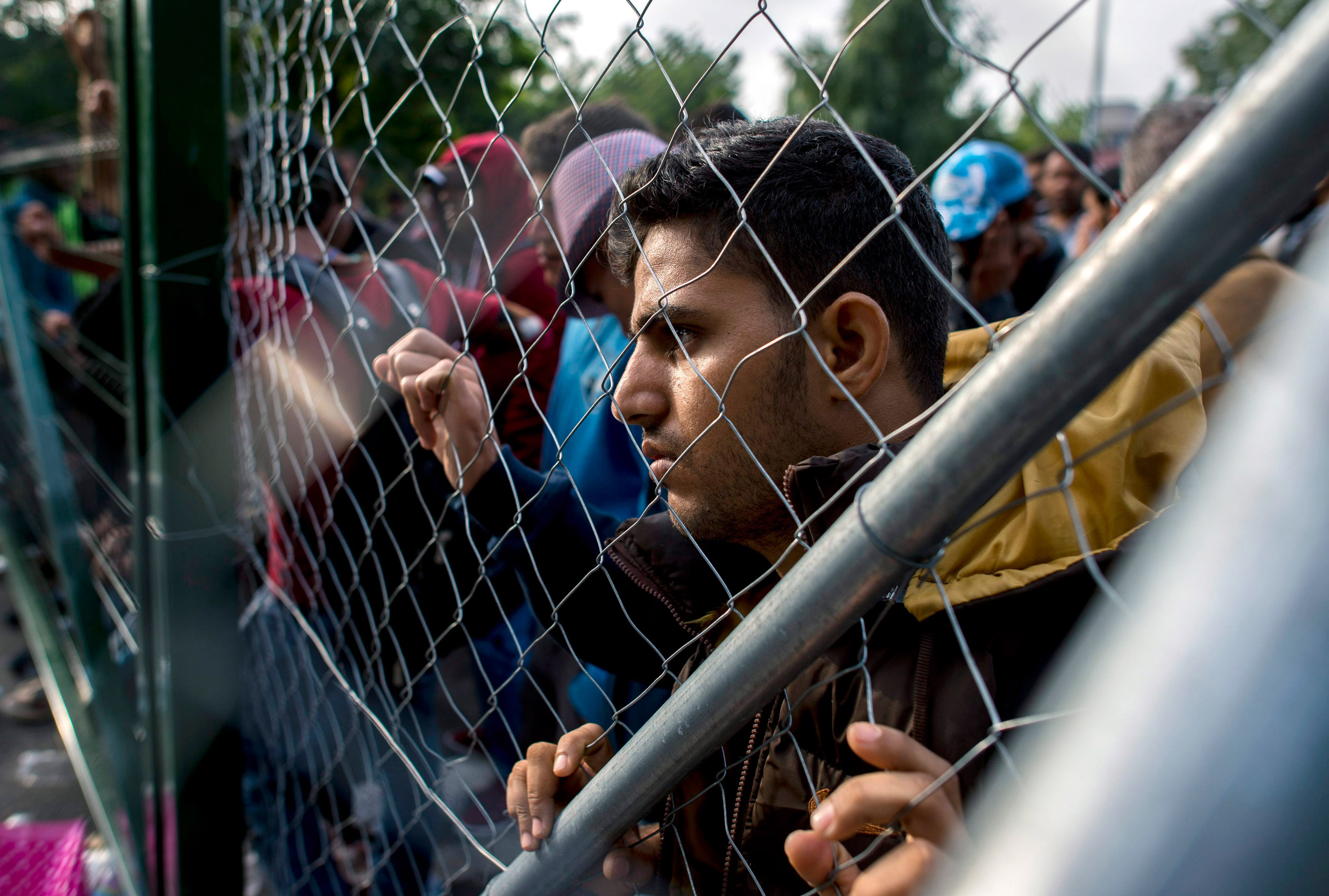 A migrant looks through a fence at the closed Roszke-Horgos border crossing at the border between Hungary and Serbia near Horgos, Serbia, Tuesday, Sept.15, 2015. (Tamas Soki/MTI via AP)