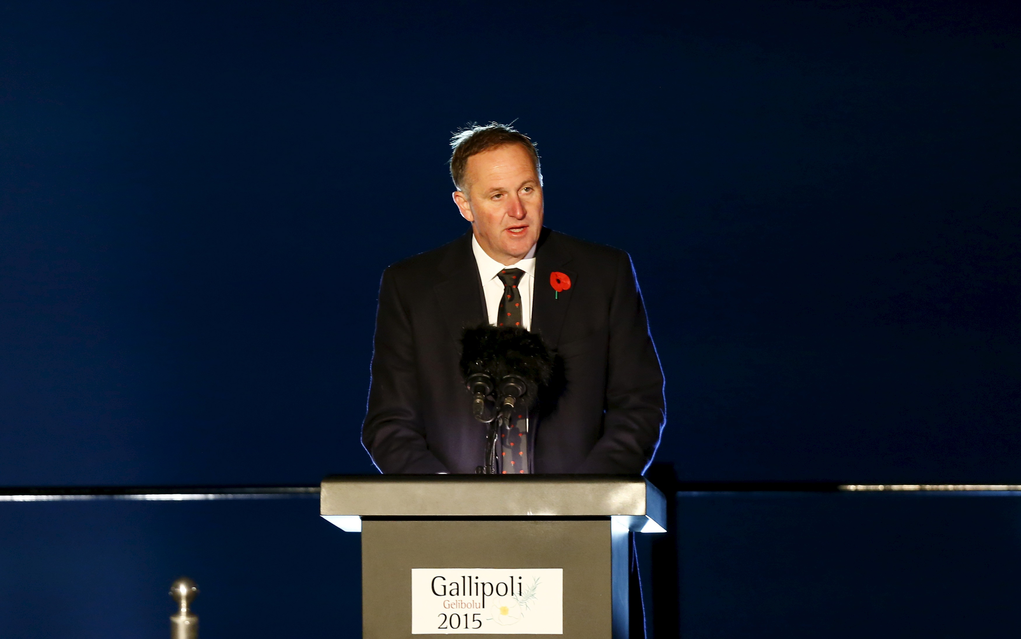 New Zealand's Prime Minister John Key speaks during a dawn ceremony marking the 100th anniversary of the Battle of Gallipoli, at Anzac Cove in Gallipoli April 25, 2015 (Osman Orsal—Reuters)