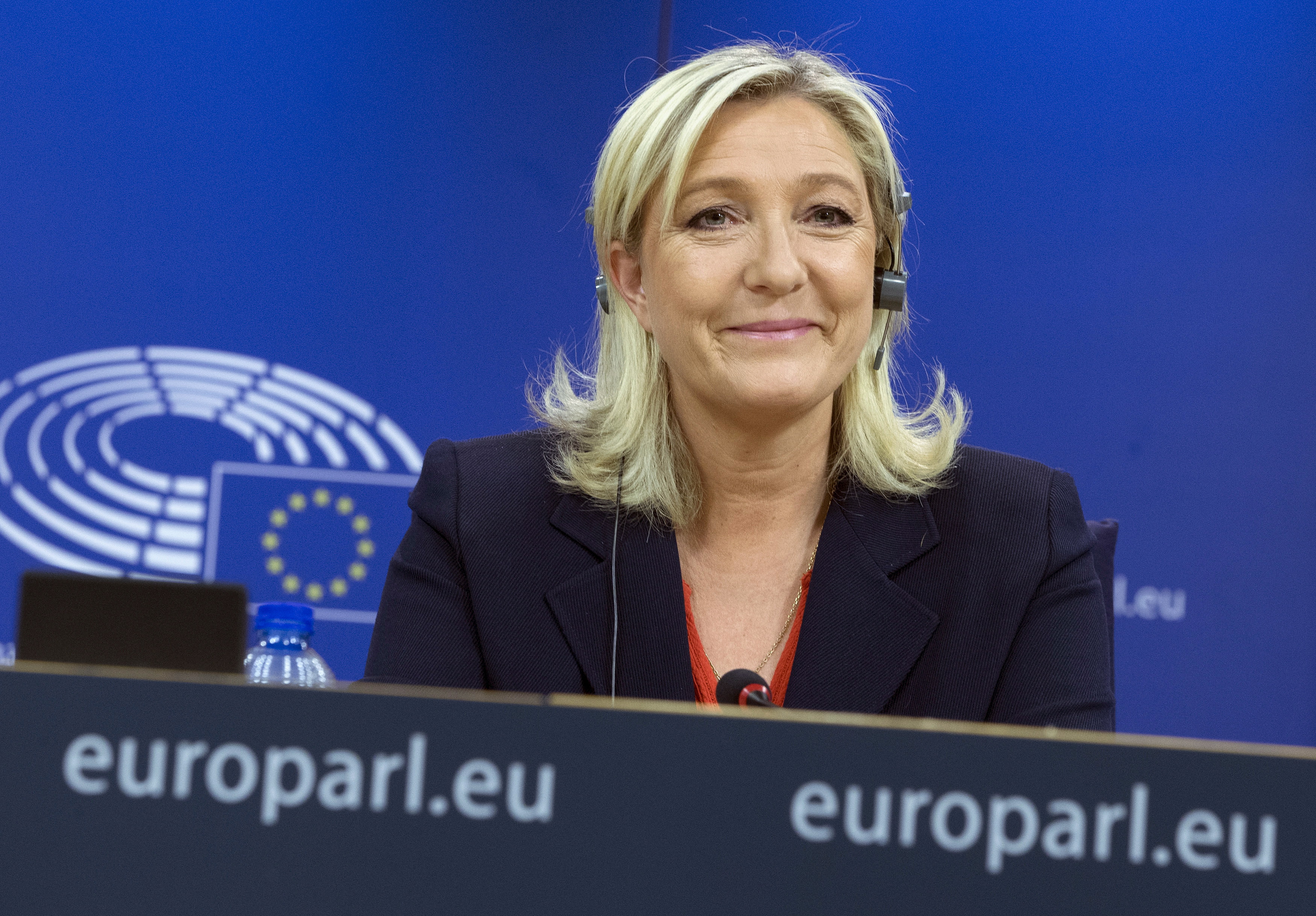 Le Pen, France's National Front political party head, attends a joint news conference at the European Parliament in Brussels