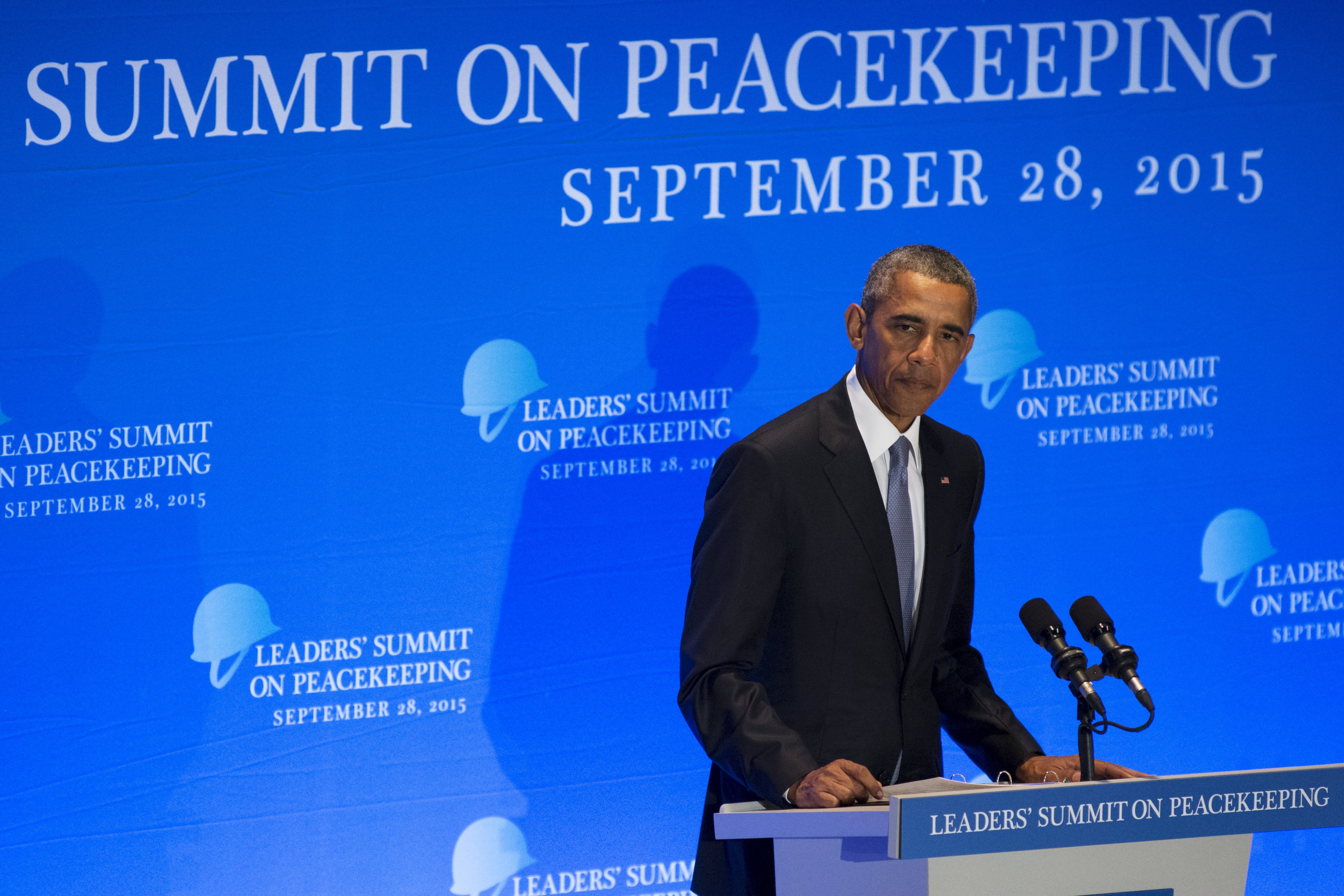U.S. President Barack Obama delivers remarks during a Leaders Summit on Peacekeeping to coincide with the United Nations General Assembly at the United Nations in Manhattan, New York