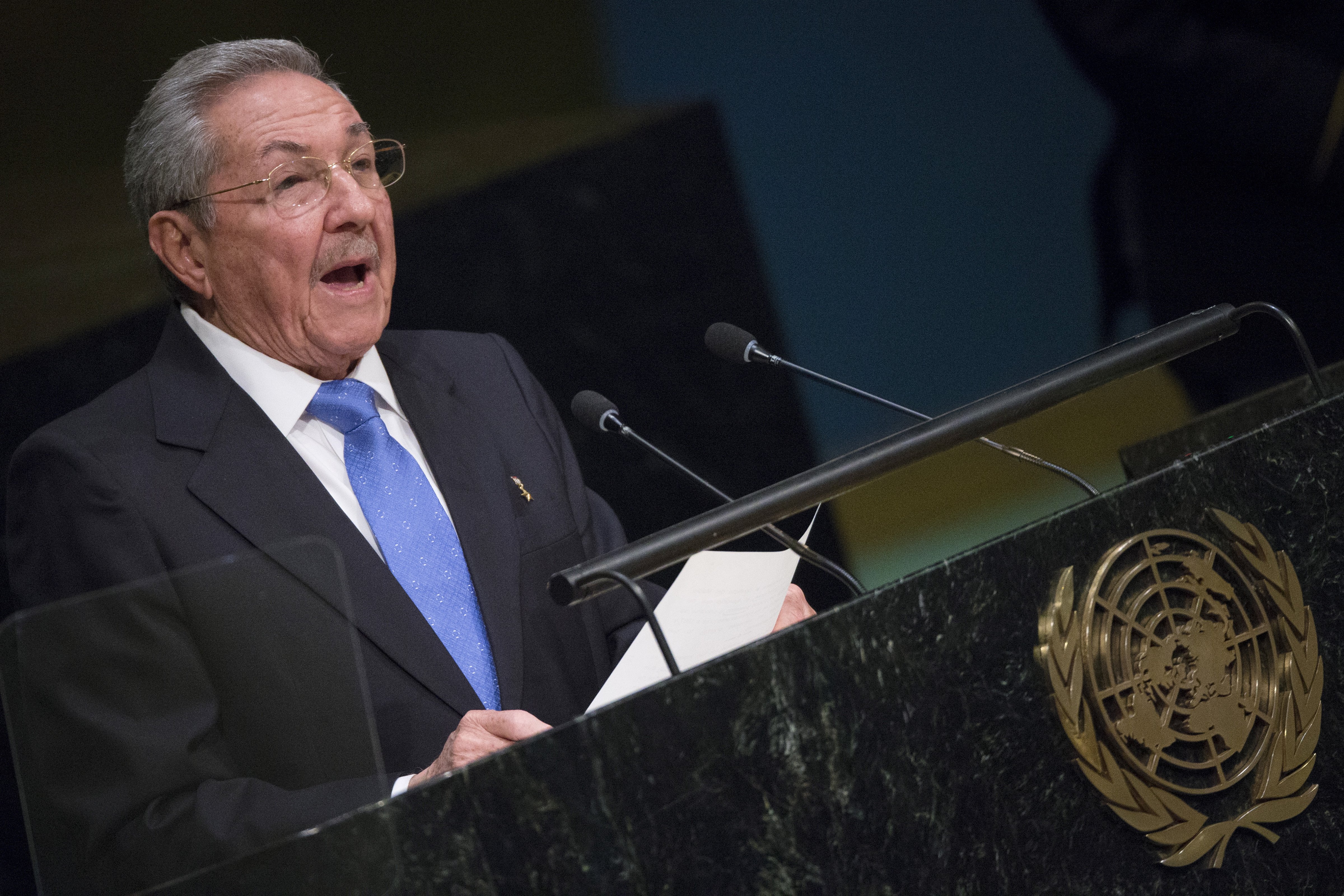 Cuban President Castro addresses attendees during the 70th session of the United Nations General Assembly in New York
