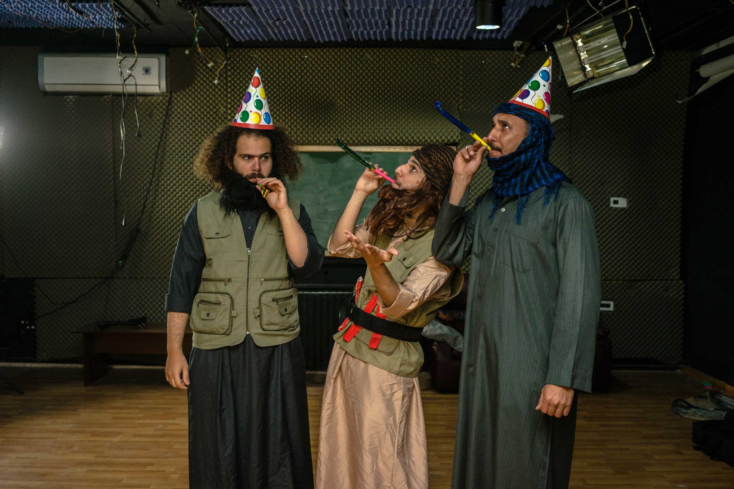 ( From L-R) Alhakam Turki, Shwan Sarheng and Mustafa Saedi practice in the  yet to be built set for the second series of the Al-Basheer show that will be filmed later in the year,  in Amman Jordan. In this sketch the three main characters dress up in fake I.S militant clothing and parody the group.
