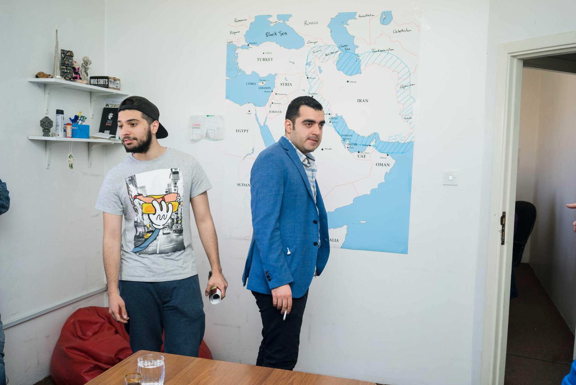 Shwan Sarheng (Left), Ahmad Al-Basheer (Right) at the Al-Basheer show studios in Amman Jordan, practice scripts, prepare sketches and make dress rehearsals for the airing of the new show in June.