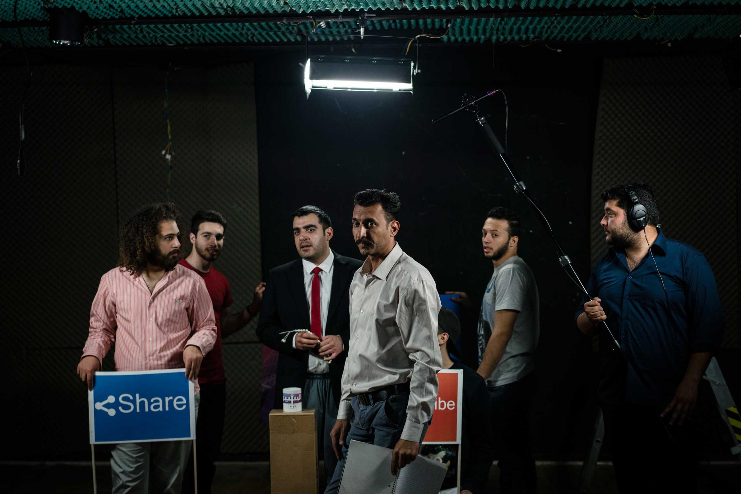 The team at the Al-Basheer show in Amman Jordan, practice scripts, prepare sketches and make dress rehearsals for the airing of the new show in June. From left to right, Alhakam Turki, (red sweatshirt dont kow the name) , Ahmad Al-Basheer, Mustafa Saedi, Yaser Qadir, Faisal Al-Durra