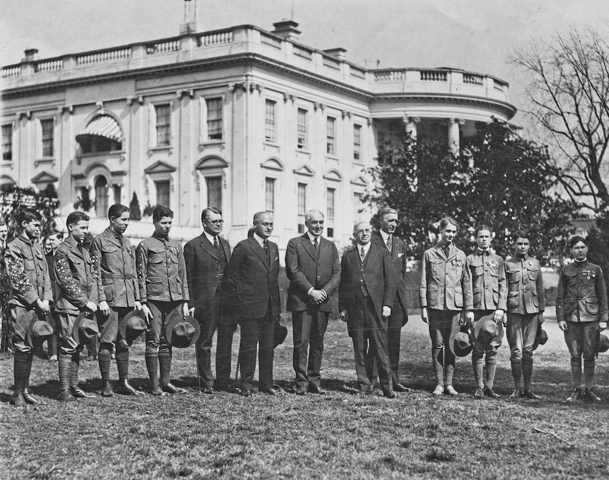 US President Warren G. Harding (1865 - 1923) receives a group of Eagle Boy Scouts at the White House, Washington, D.C., March 16, 1921. (FPG / Getty Images)
