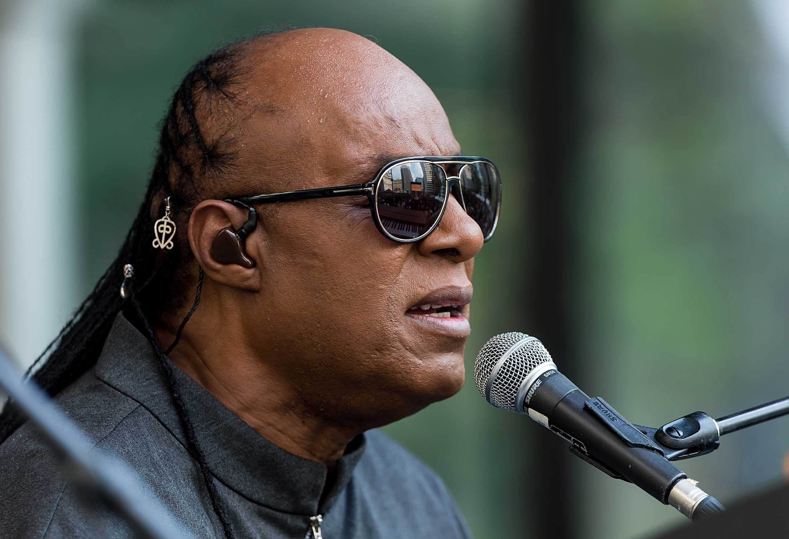 Musician Stevie Wonder performs during Wonder Moments - Songs In The Key Of Life Performance Tour at Dilworth Park on August 17, 2015 in Philadelphia. (Gilbert Carrasquillo—Getty Images)